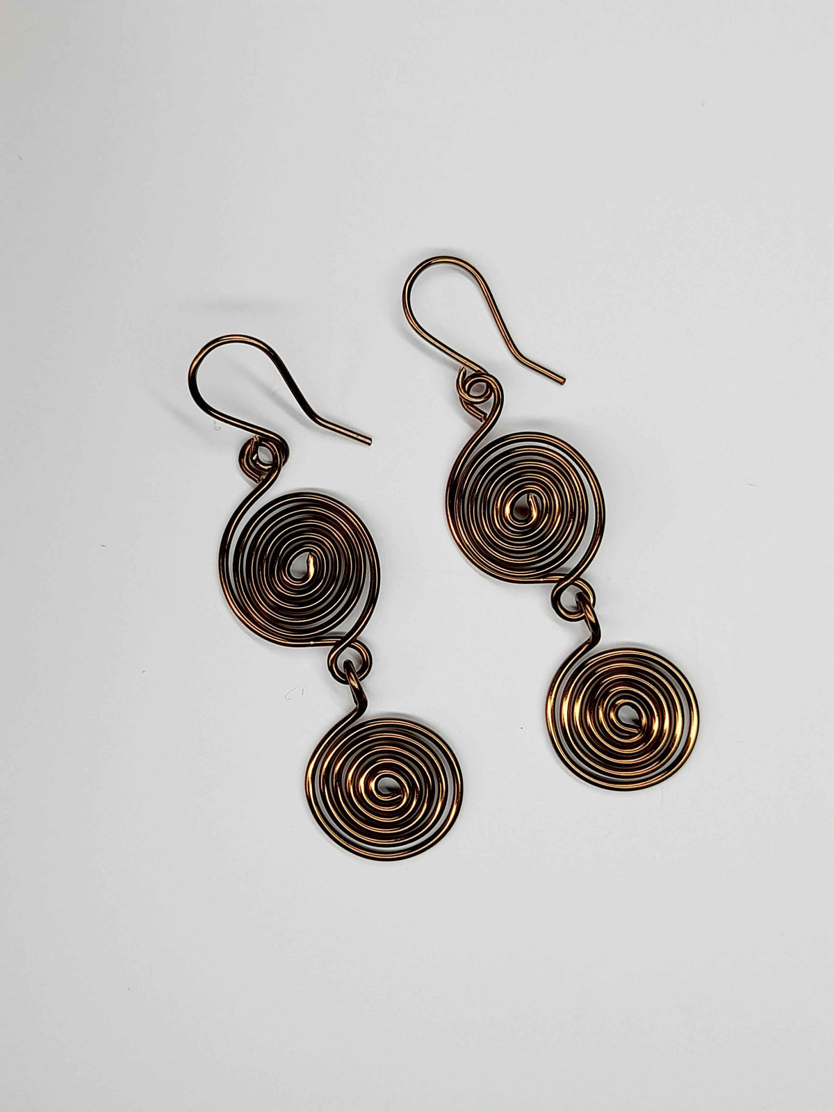 Handmade Bronze‑Plated Spiral Earrings, Lightweight Geometric Two‑Spiral Dangle Jewellery
