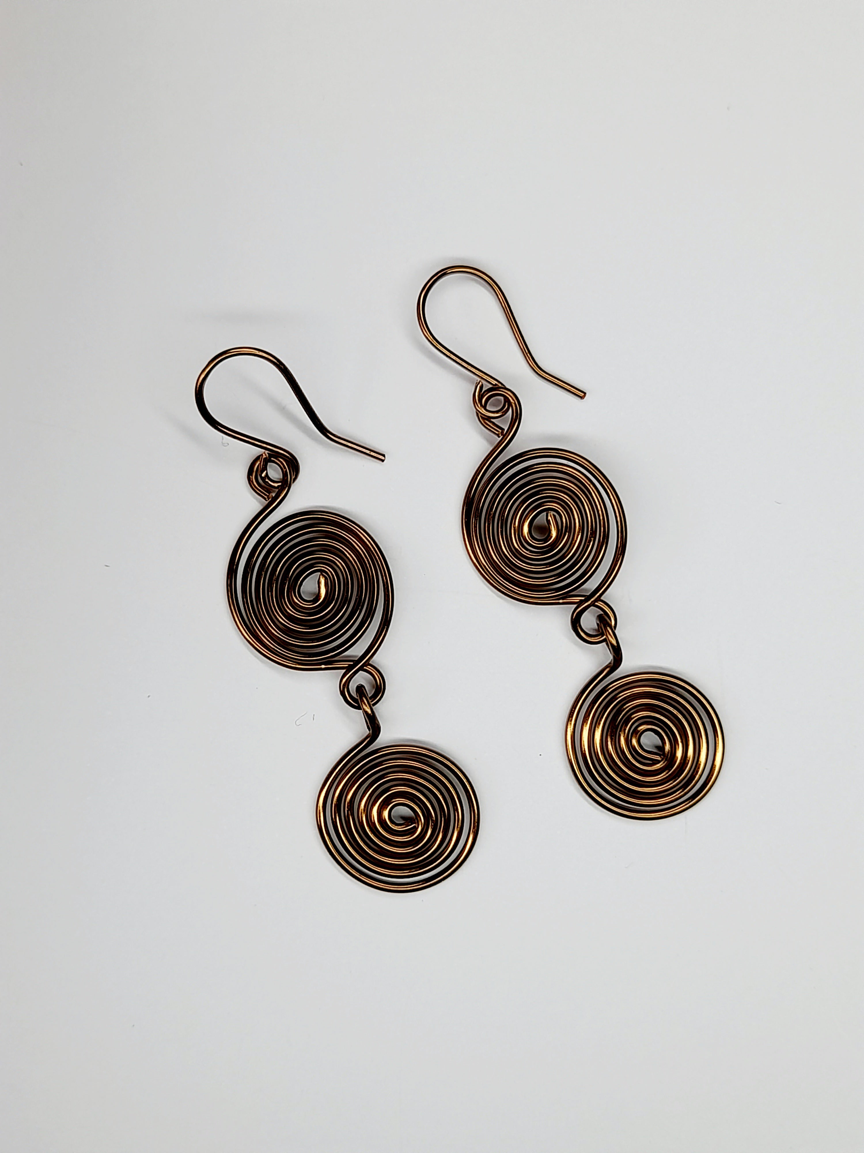 Handmade Bronze‑Plated Spiral Earrings, Lightweight Geometric Two‑Spiral Dangle Jewellery