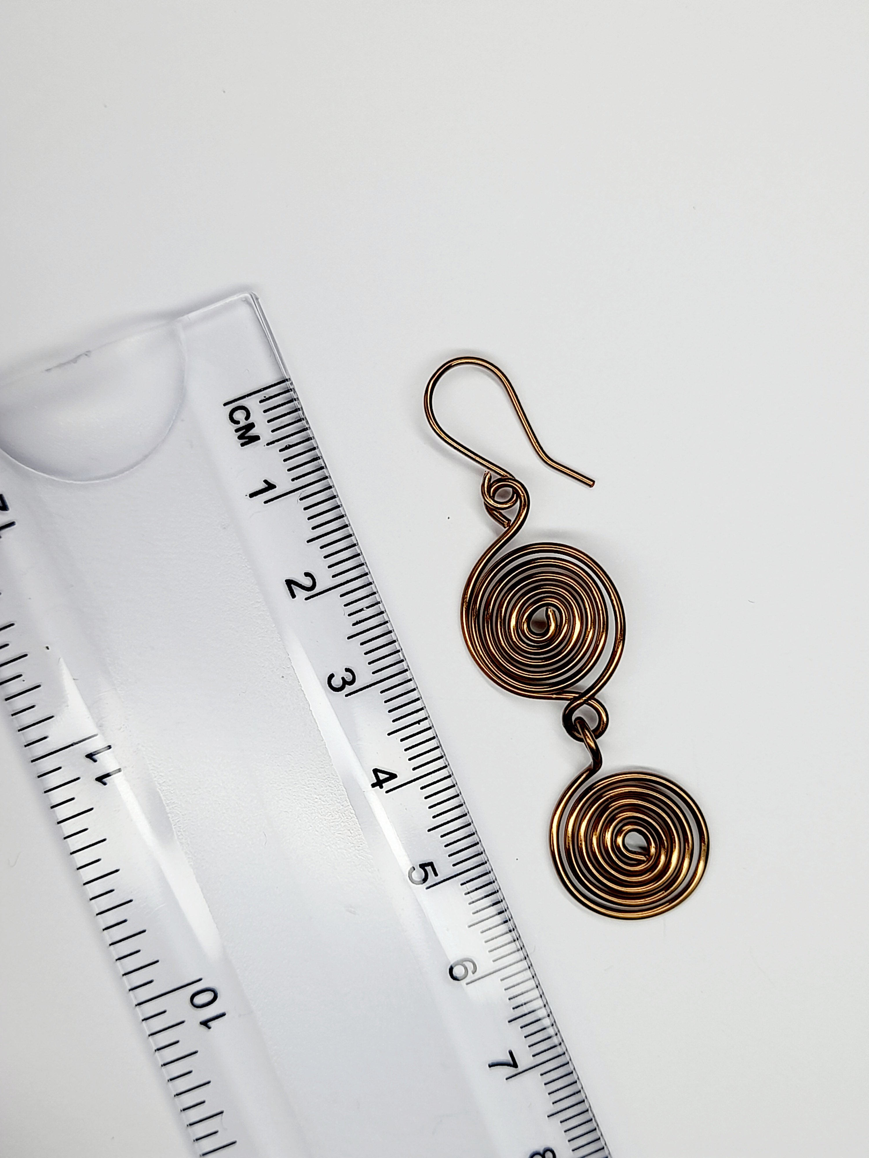 Handmade Bronze‑Plated Spiral Earrings, Lightweight Geometric Two‑Spiral Dangle Jewellery