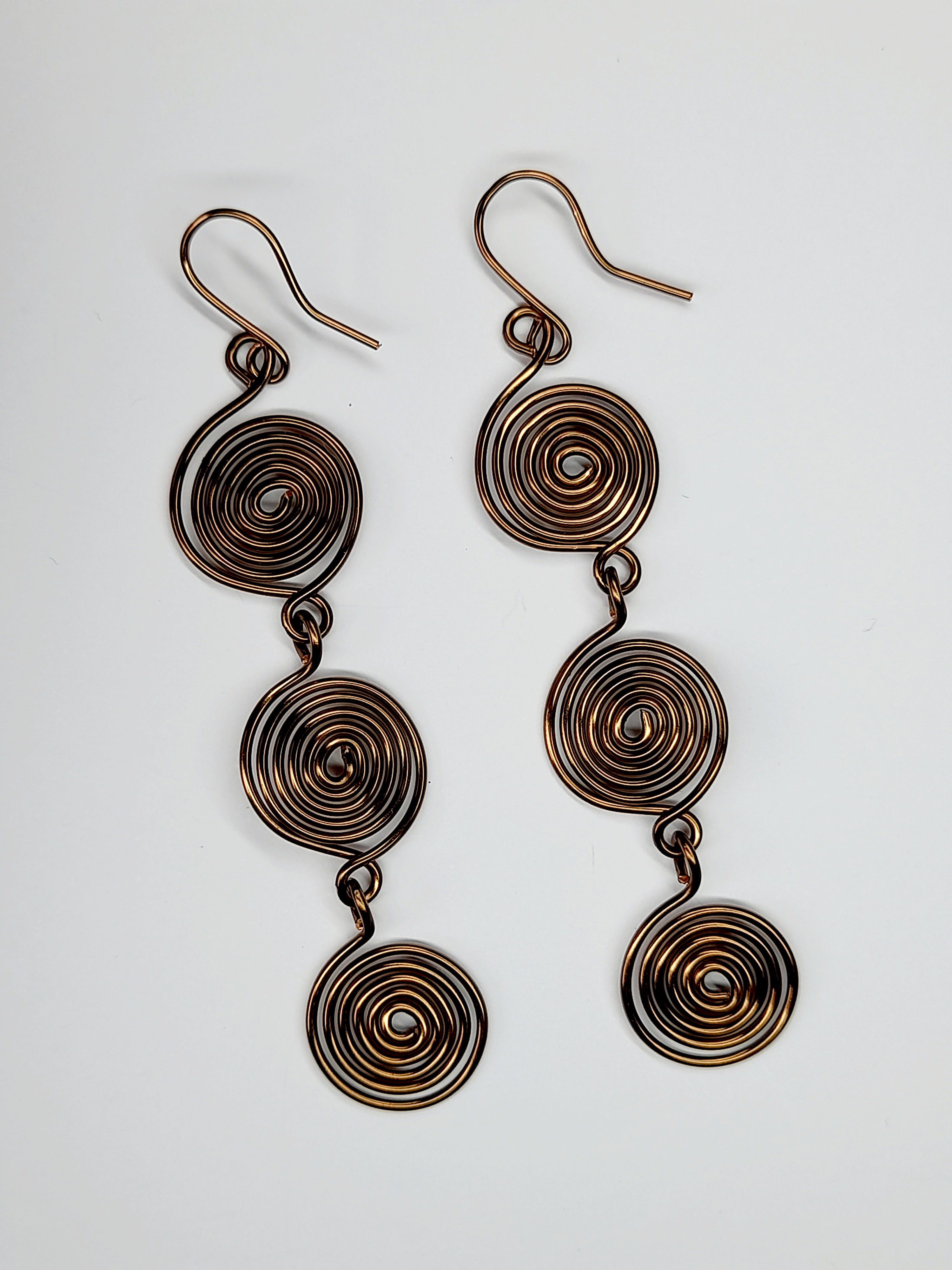 Handmade Bronze‑Plated Spiral  Earrings, Lightweight Statement Dangle Jewellery