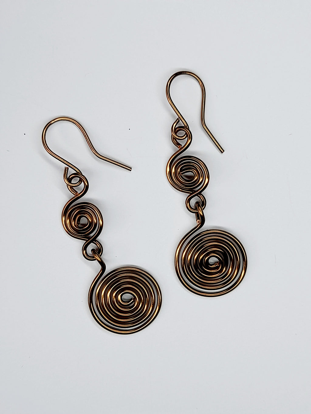 Handmade Bronze‑Plated Double Spiral Earrings, Geometric Spiral Drop Jewellery