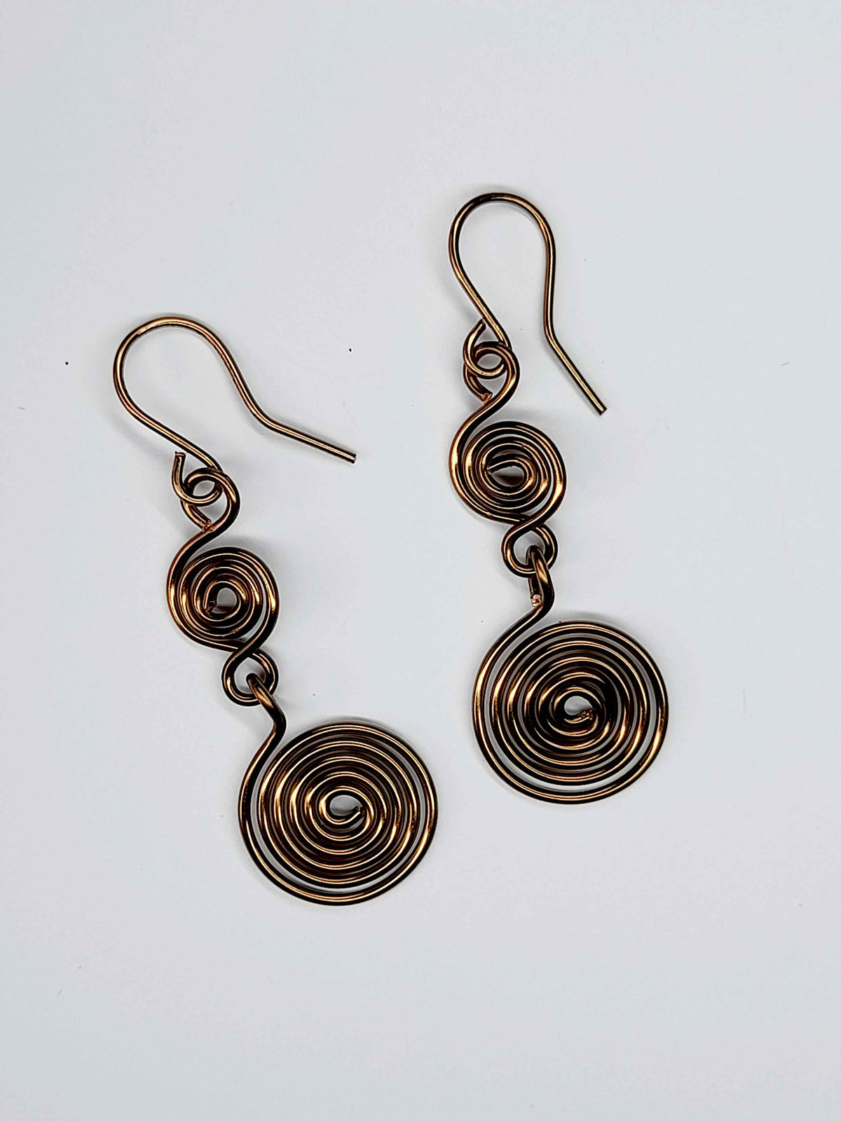 Handmade Bronze‑Plated Double Spiral Earrings, Geometric Spiral Drop Jewellery