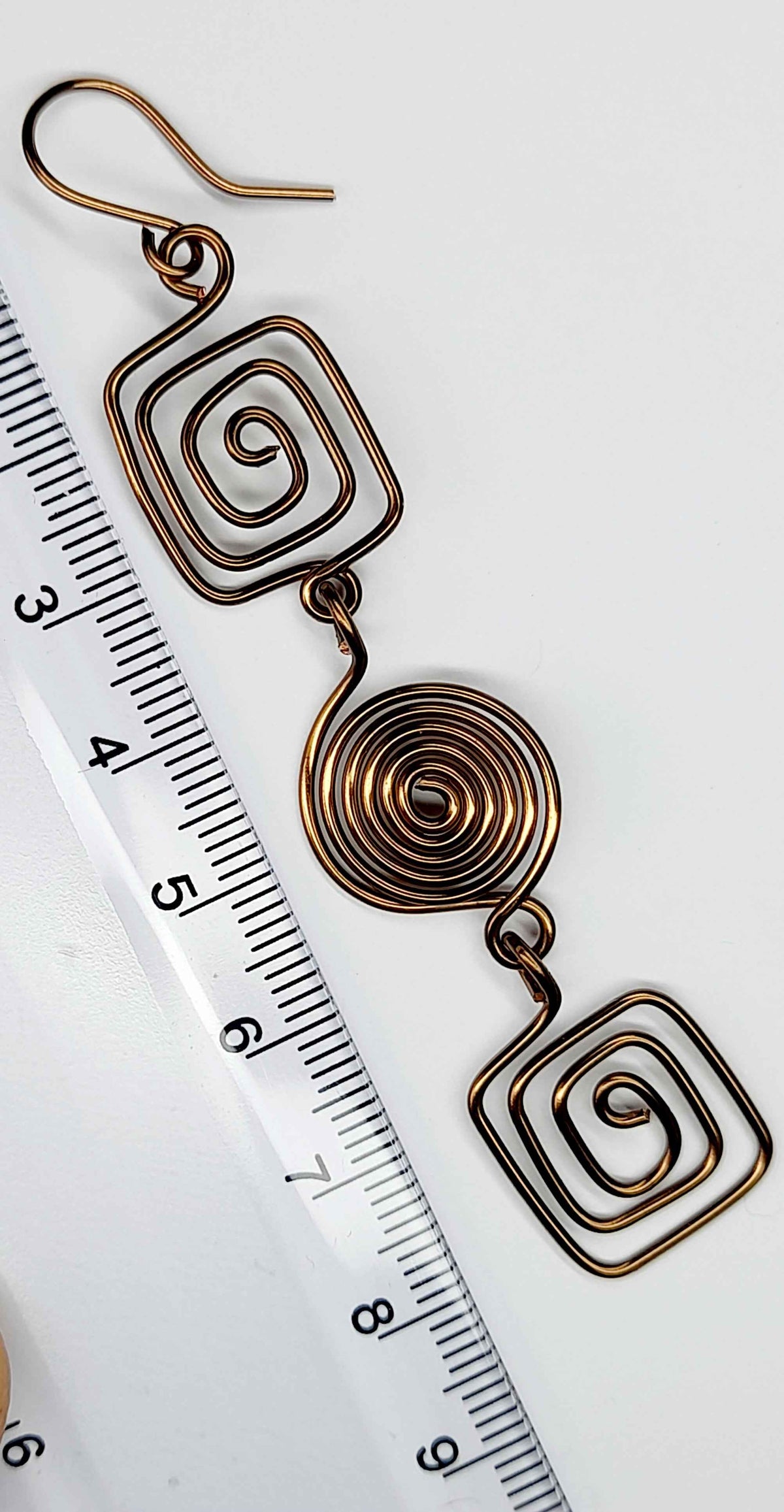 Long Geometric Spiral Bronze Drop Earrings, Handmade Gold‑Plated Statement Jewellery