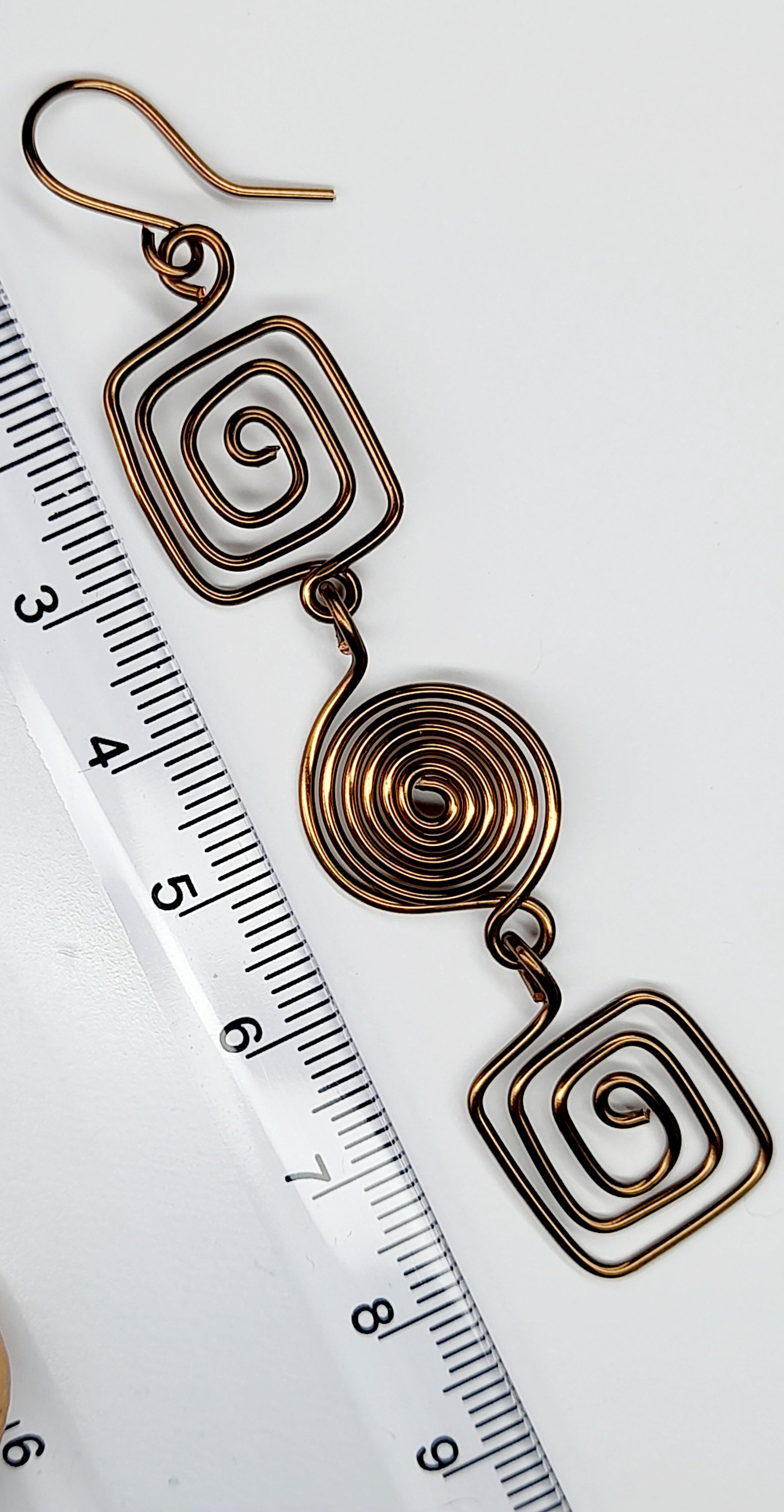 Long Geometric Spiral Bronze Drop Earrings, Handmade Gold‑Plated Statement Jewellery
