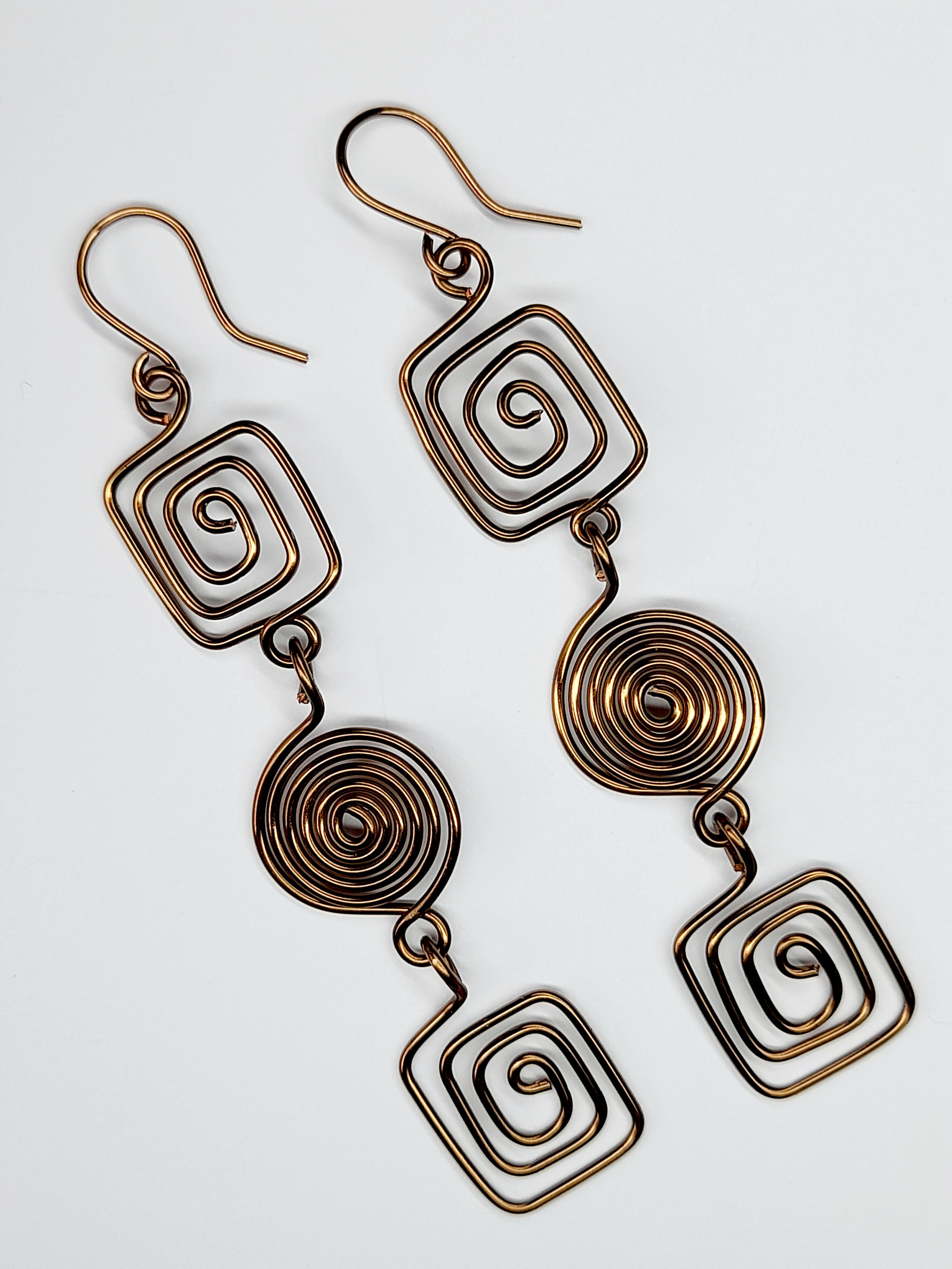 Long Geometric Spiral Bronze Drop Earrings, Handmade Gold‑Plated Statement Jewellery