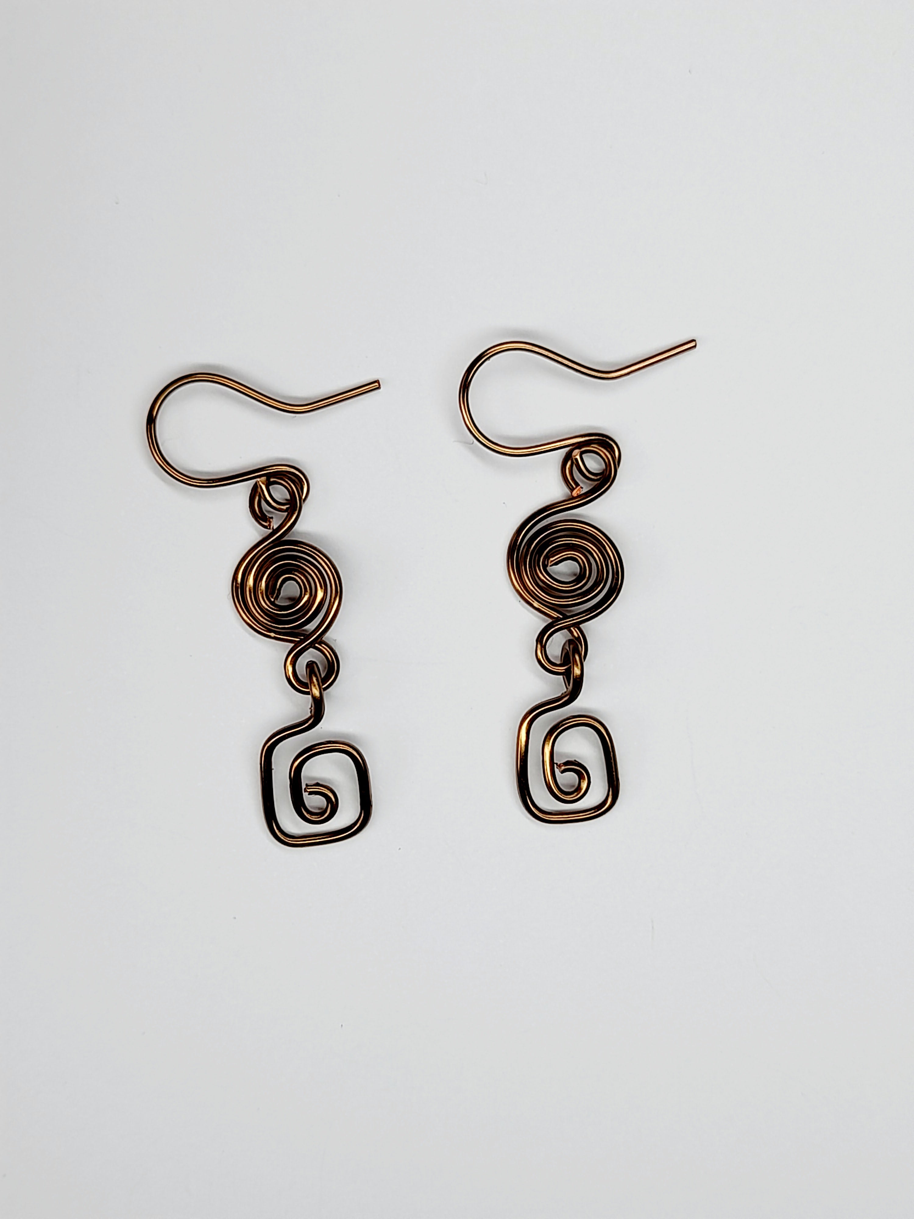Handmade Small Bronze Spiral Drop Earrings, Dainty Round & Square Spiral Design