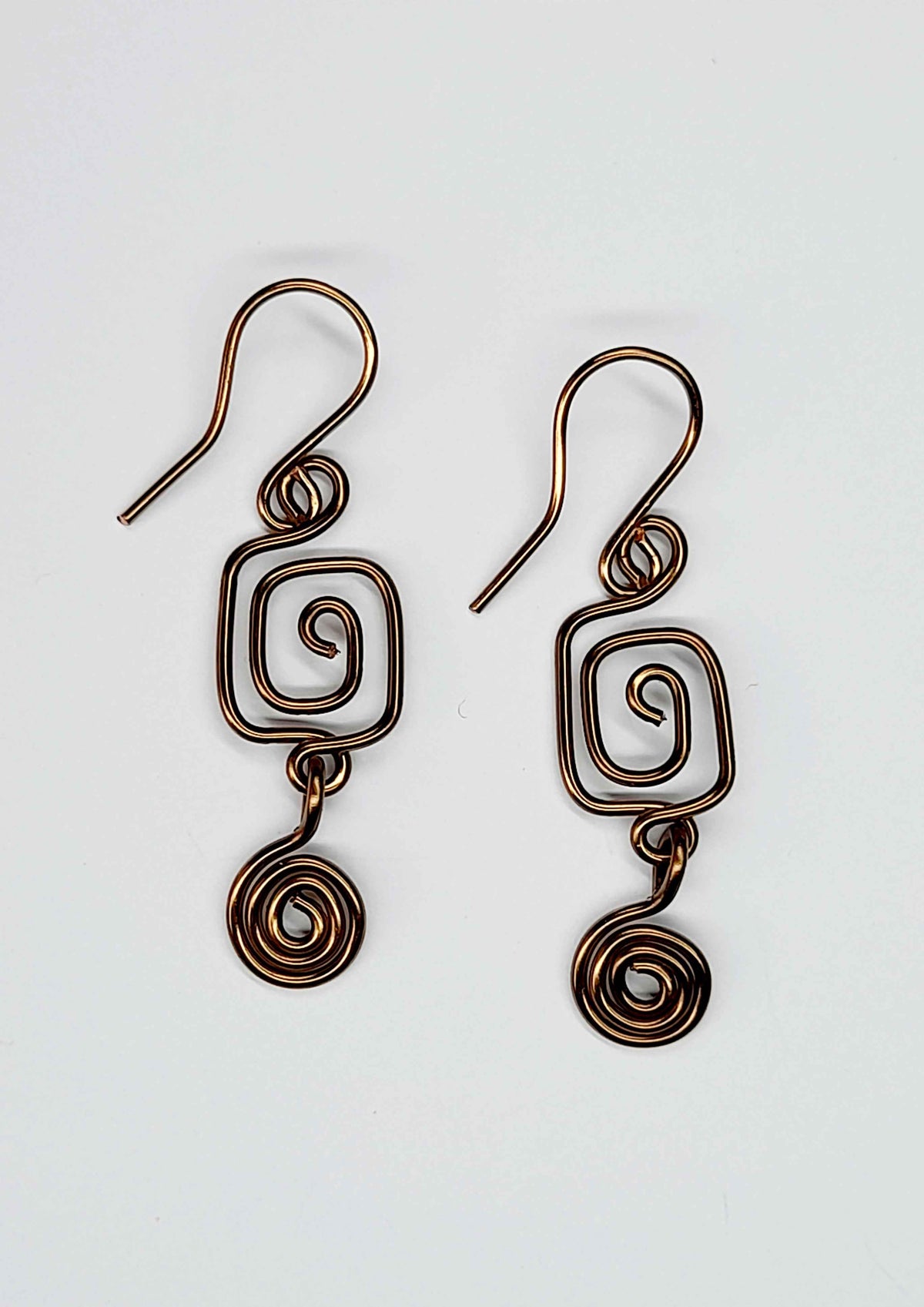 Small Handmade Bronze Spiral Earrings, Dainty Round & Square Design