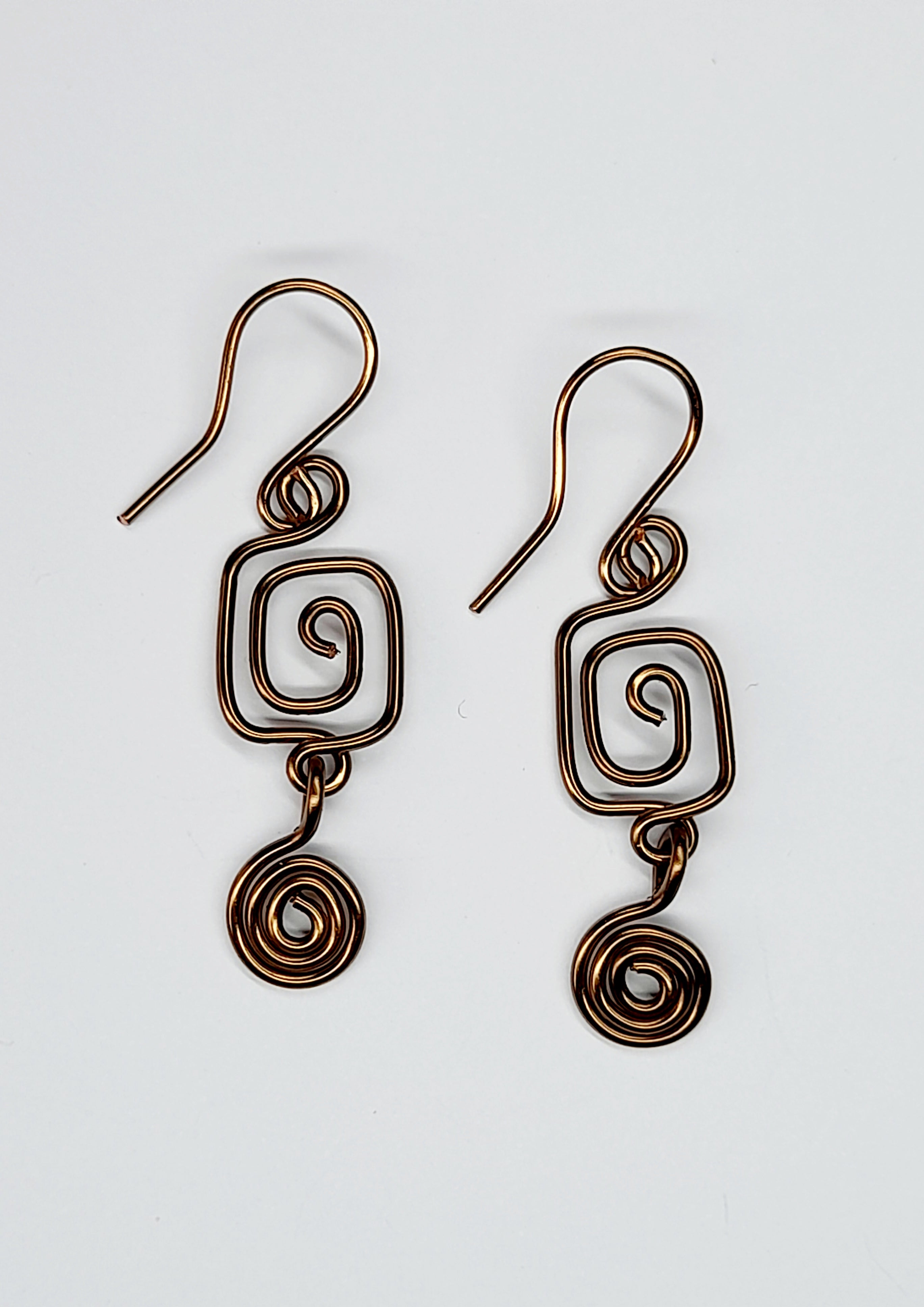 Small Handmade Bronze Spiral Earrings, Dainty Round & Square Design