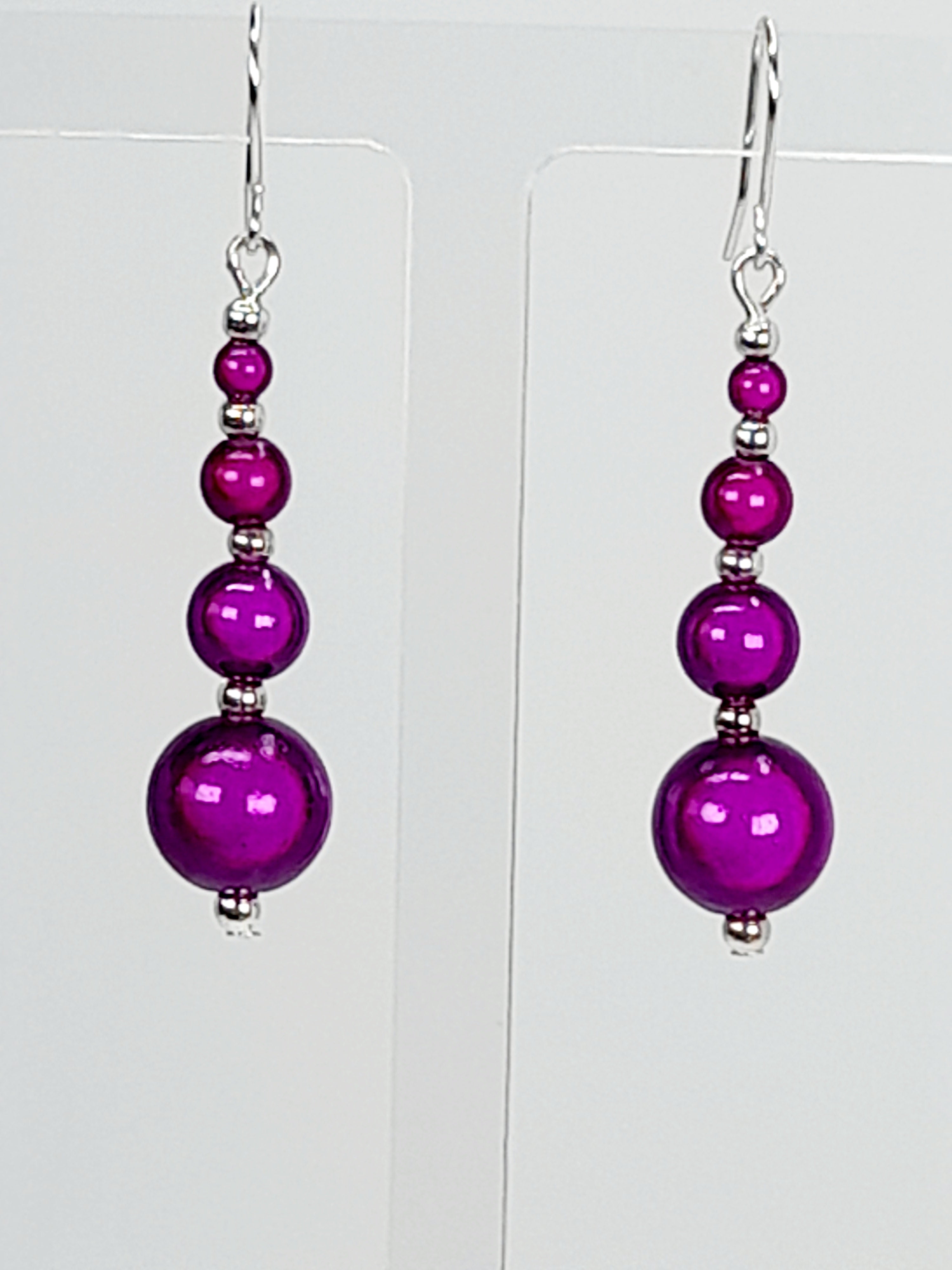 Bright Silver & Purple Luminescent Bead Earrings