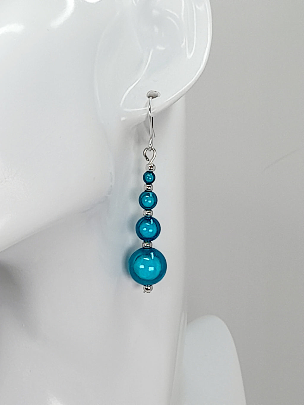 Bright Silver & Blue Luminescent Bead Earrings