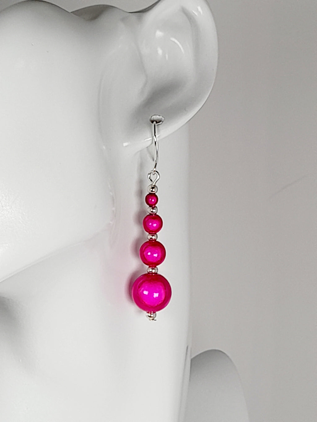 Bright Silver & Hot Pink Luminescent Bead Earrings