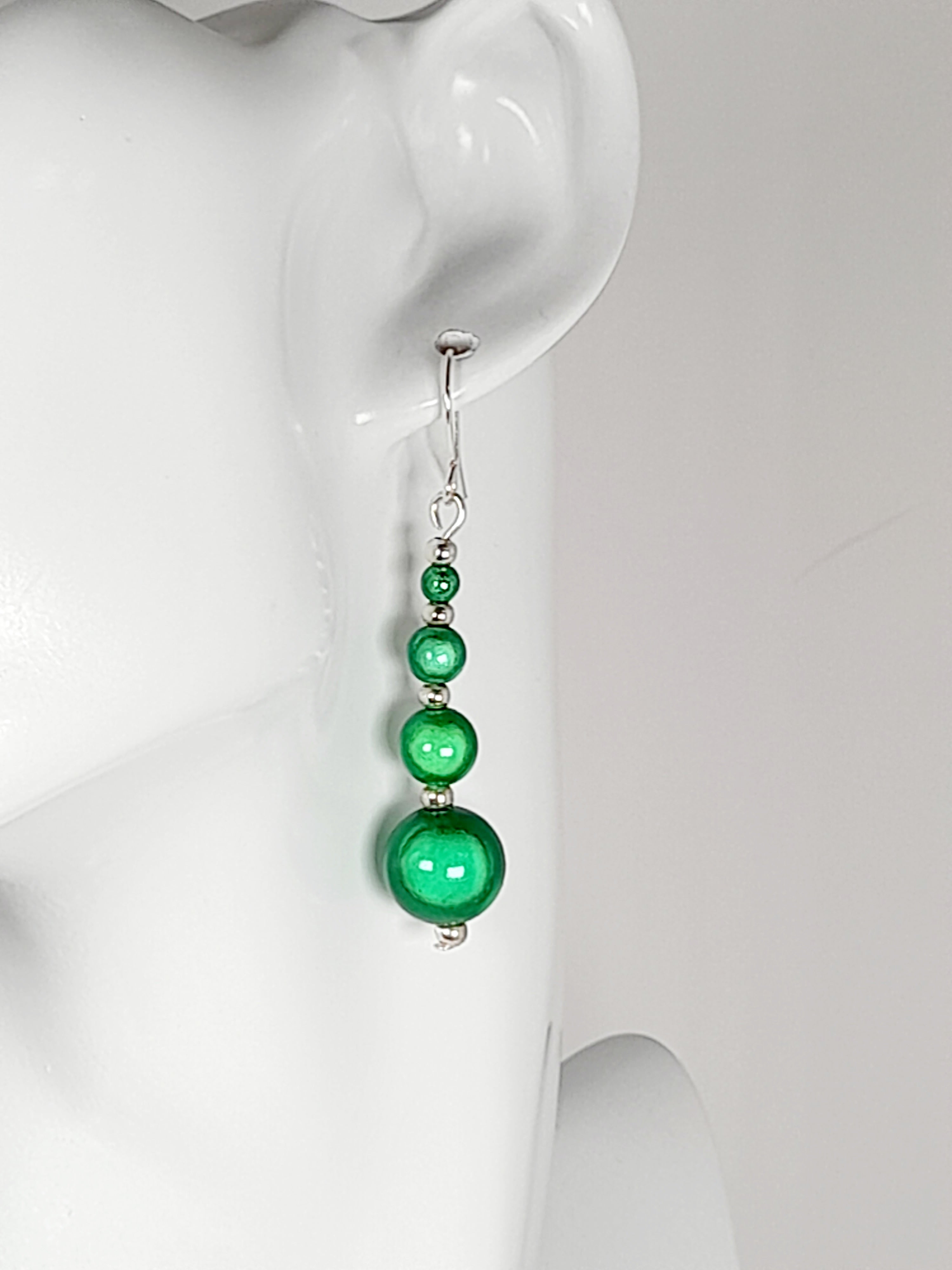 Bright Silver & Green Luminescent Bead Earrings