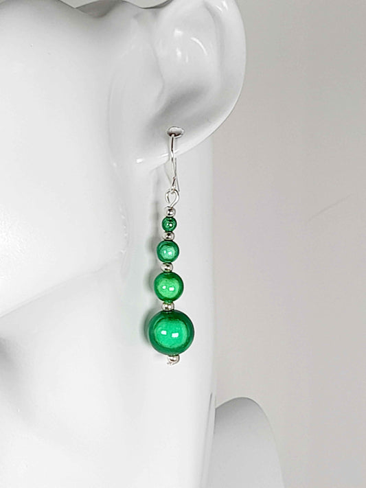 Bright Silver & Green Luminescent Bead Earrings