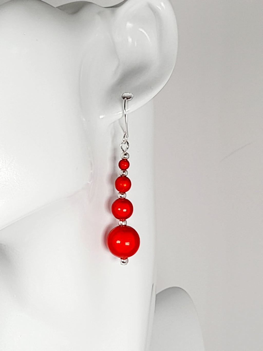 Bright Silver & Red Luminescent Bead Earrings