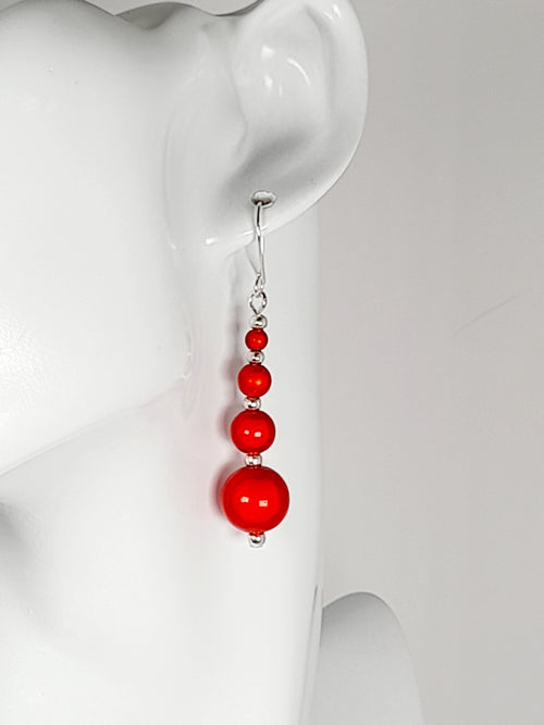 Bright Silver & Red Luminescent Bead Earrings