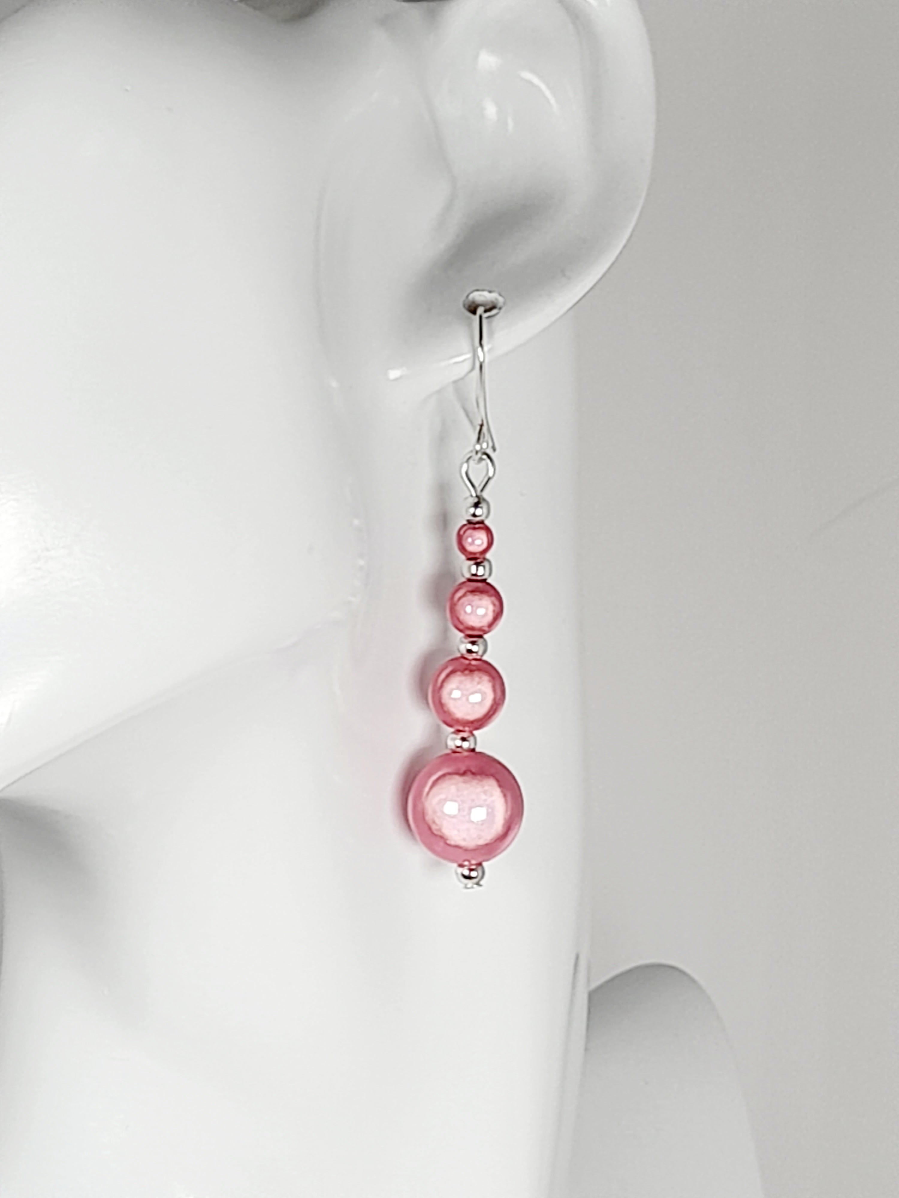 Bright Silver & Pale Pink Luminescent Bead Earrings