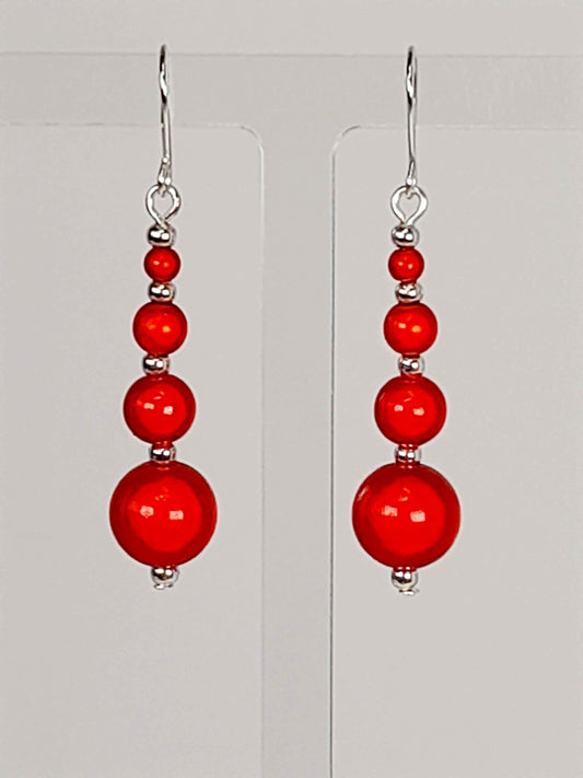 Bright  Red Miracle Bead Earrings  With Silver Plated Ear Wires