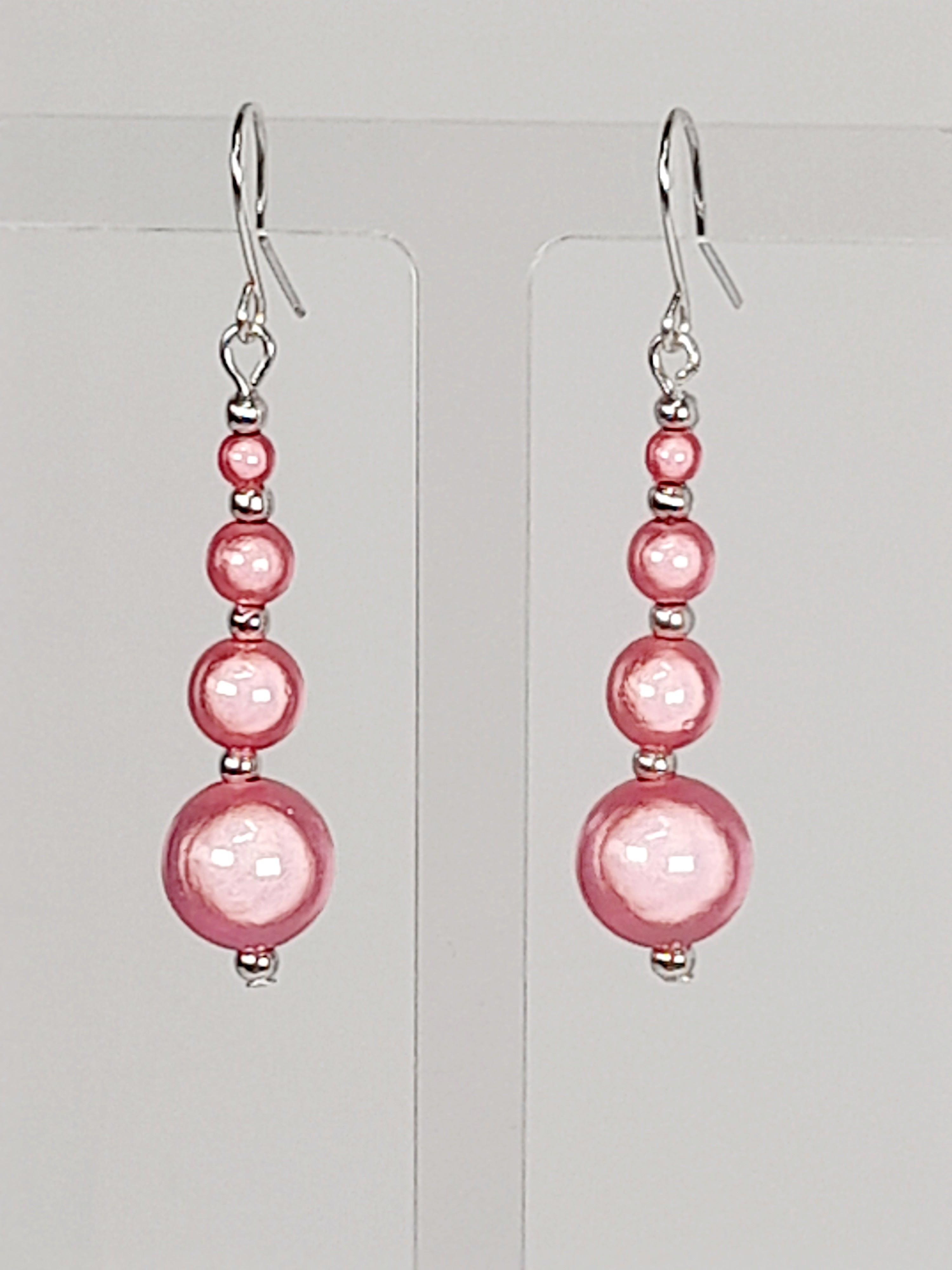 Bright Silver & Pale Pink Luminescent Bead Earrings