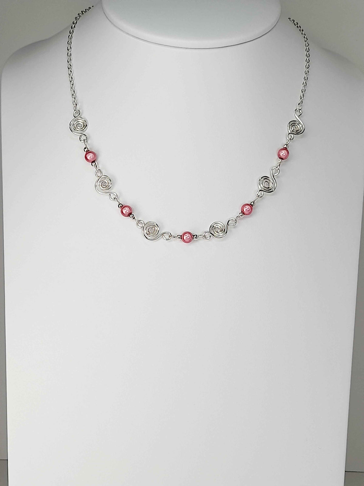 Dainty Silver Spiral Necklace with Pale Pink Miracle Beads,  Handmade Lightweight Jewellery