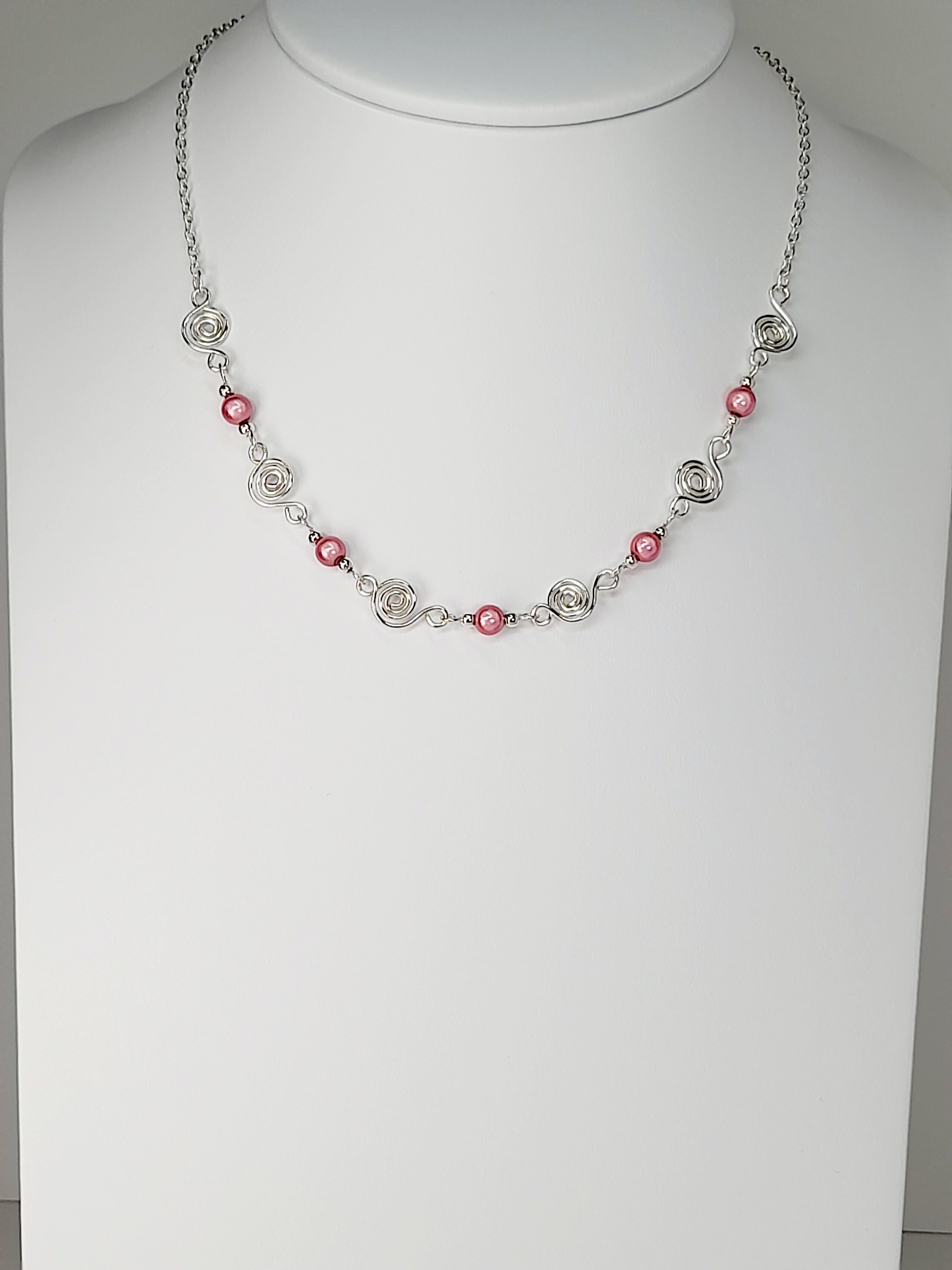 Dainty Silver Spiral Necklace with Pale Pink Miracle Beads,  Handmade Lightweight Jewellery