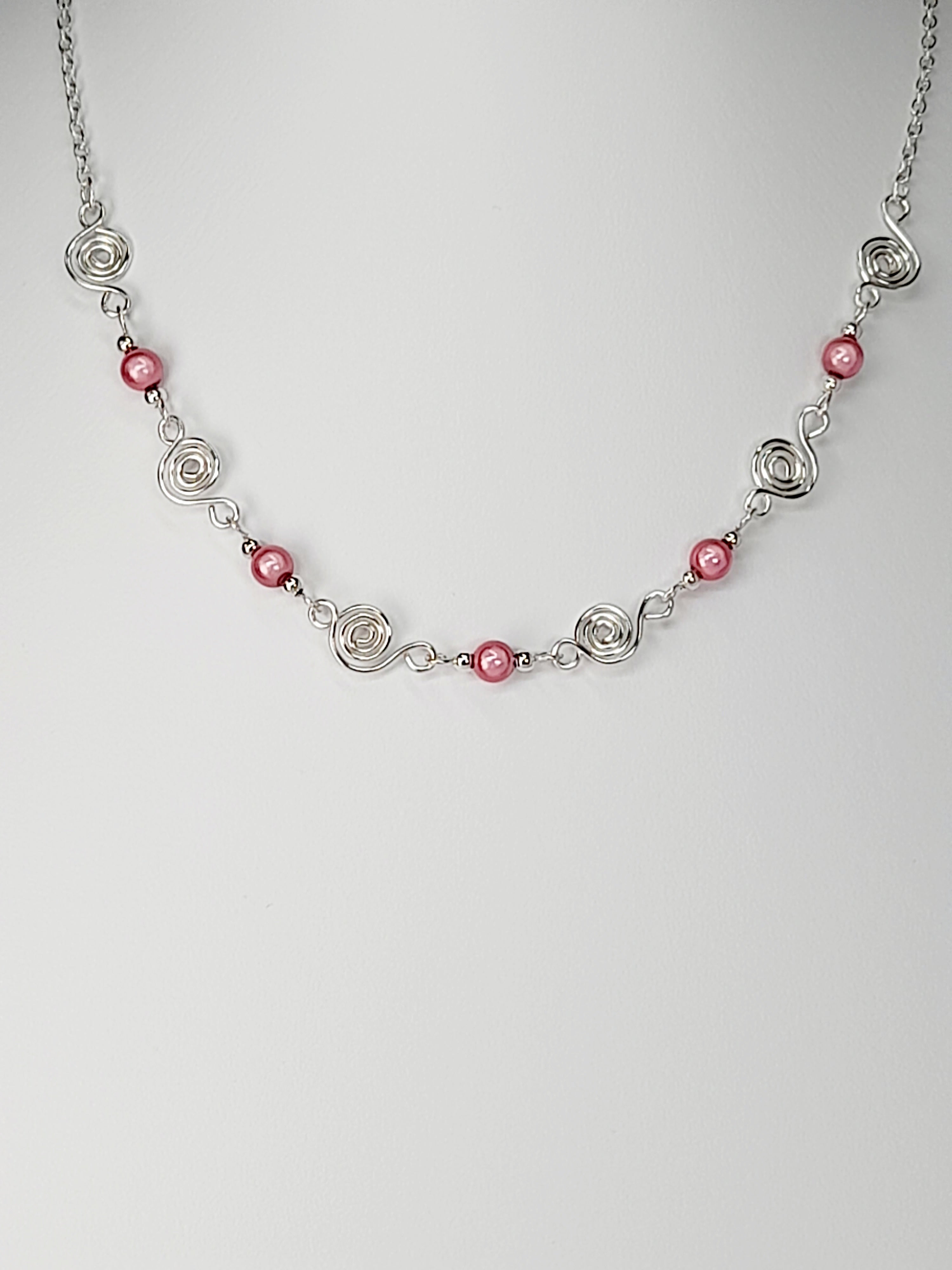 Dainty Silver Spiral Necklace with Pale Pink Miracle Beads,  Handmade Lightweight Jewellery