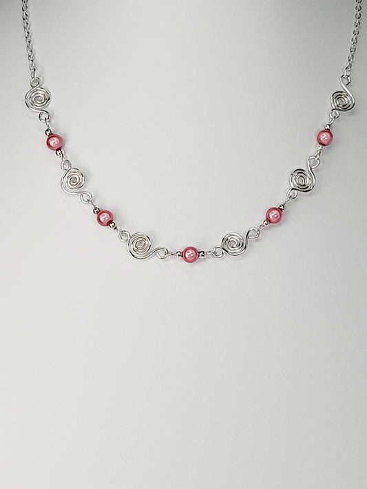 Dainty Silver Spiral Necklace with Pale Pink Miracle Beads,  Handmade Lightweight Jewellery