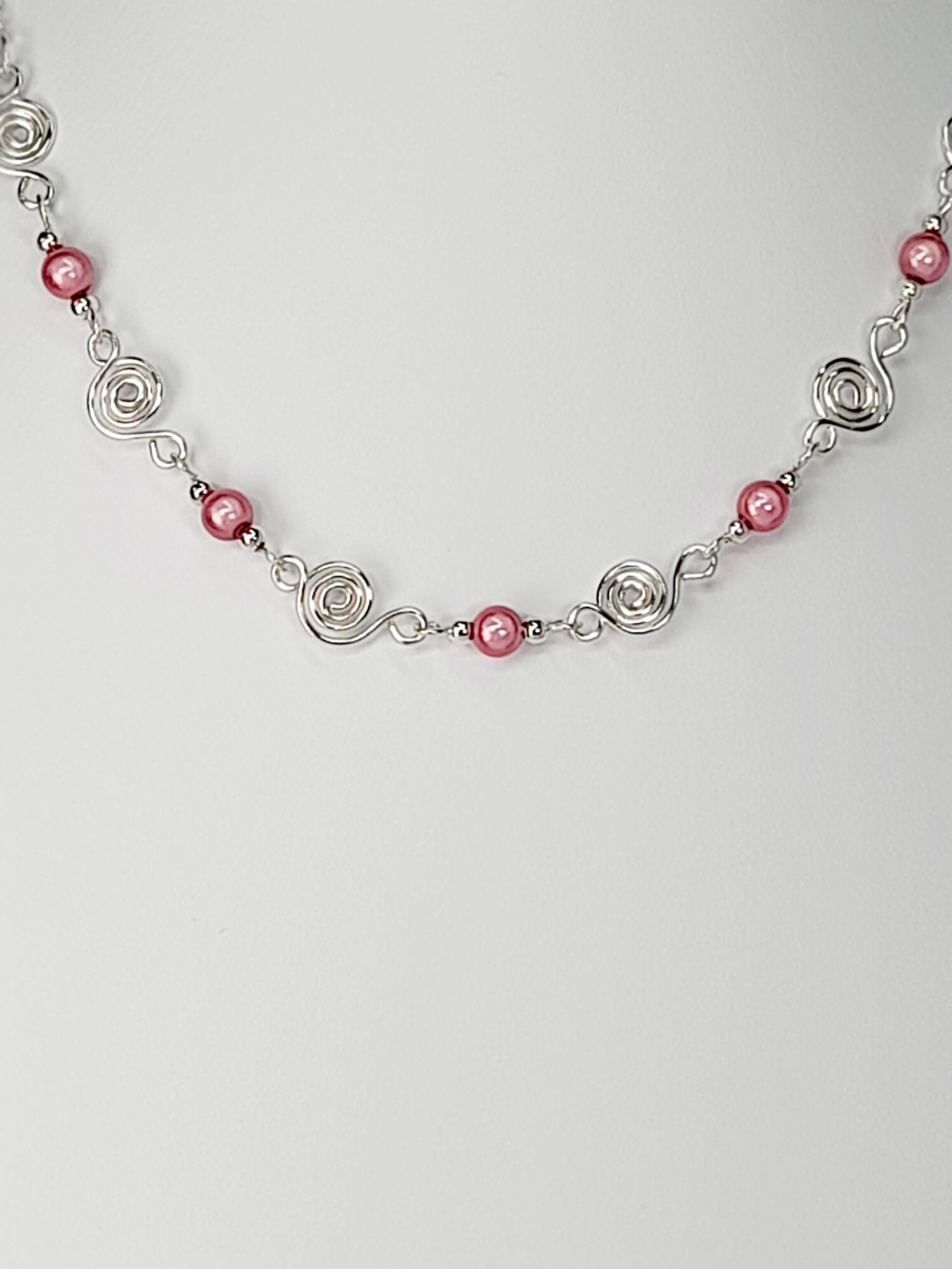 Dainty Silver Spiral Necklace with Pale Pink Miracle Beads,  Handmade Lightweight Jewellery