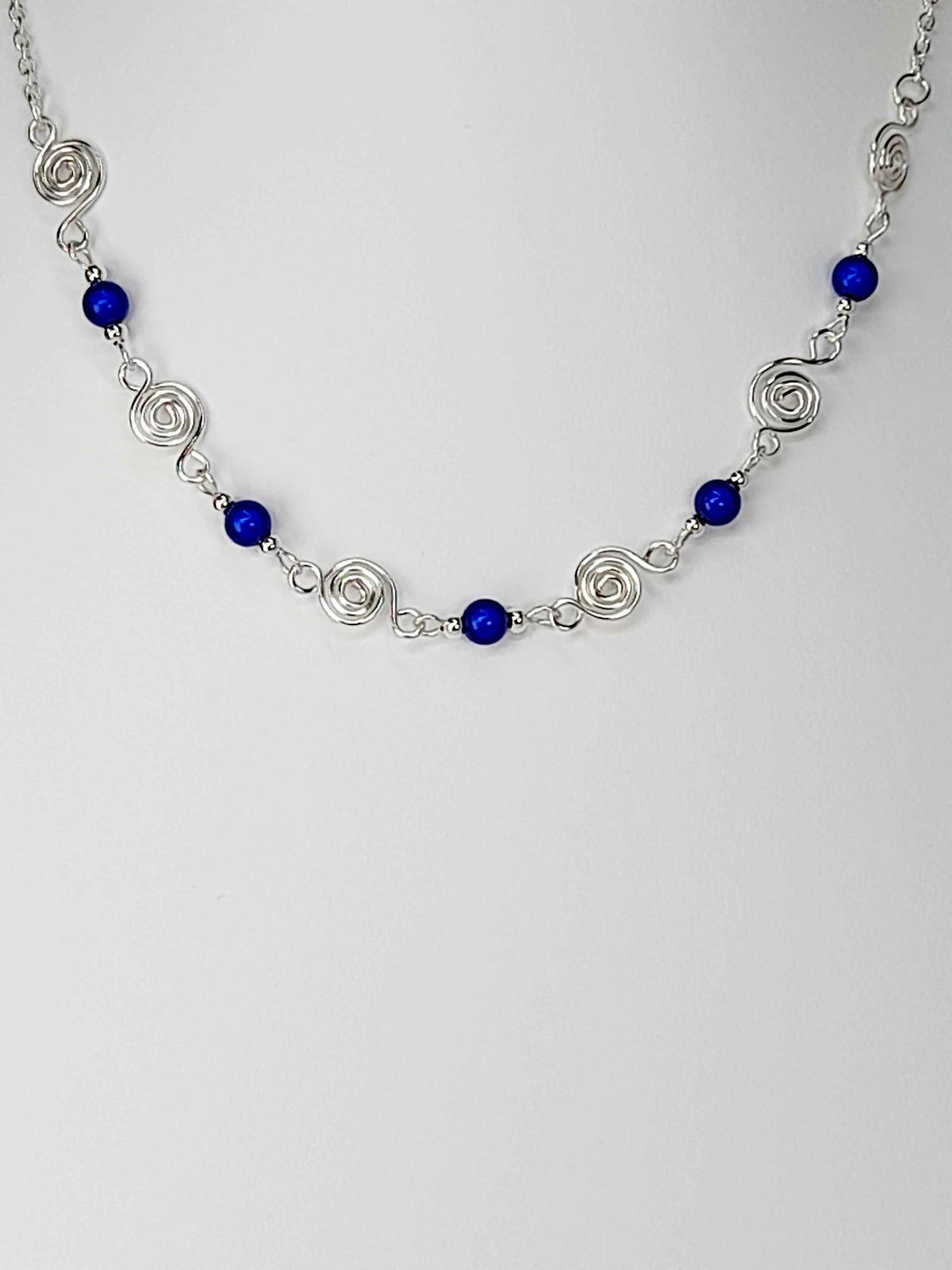 Dainty Silver Spiral Necklace with Blue Miracle Beads,  Handmade Lightweight Jewellery