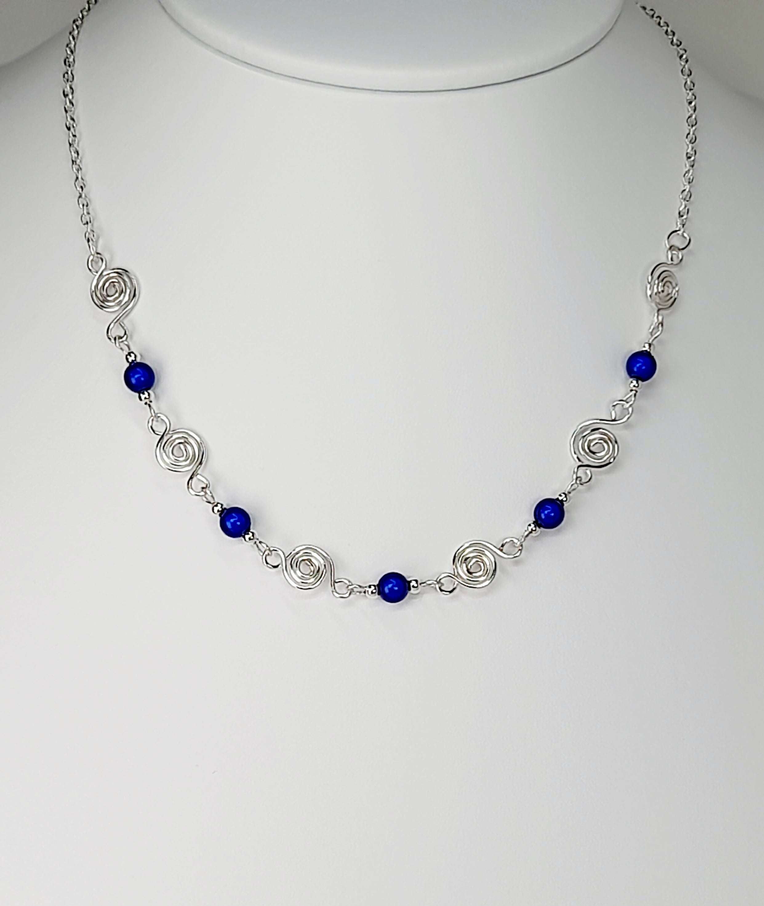 Dainty Silver Spiral Necklace with Blue Miracle Beads,  Handmade Lightweight Jewellery
