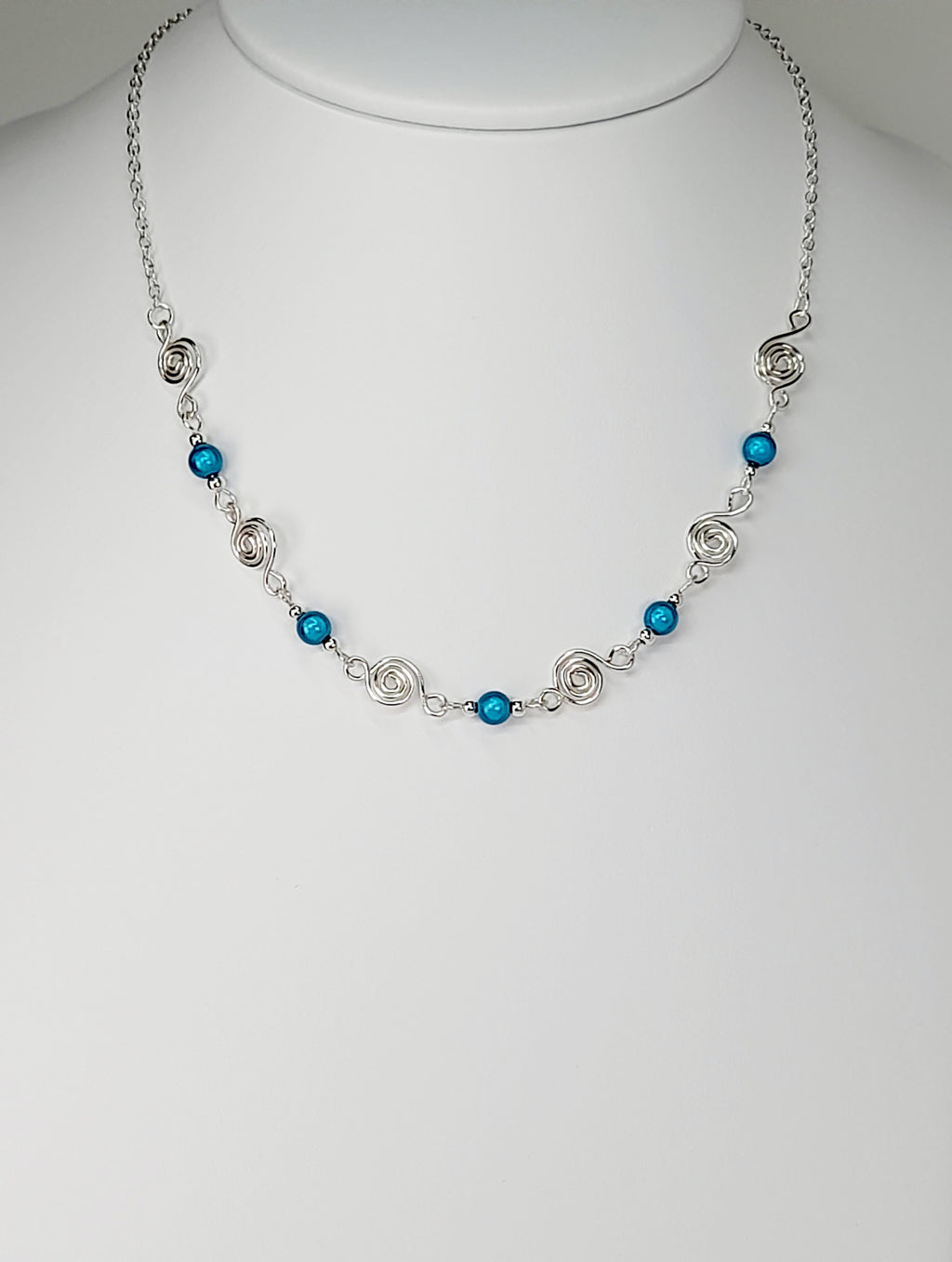 Dainty Silver Spiral Necklace with Turquoise Miracle Beads,  Handmade Lightweight Jewellery