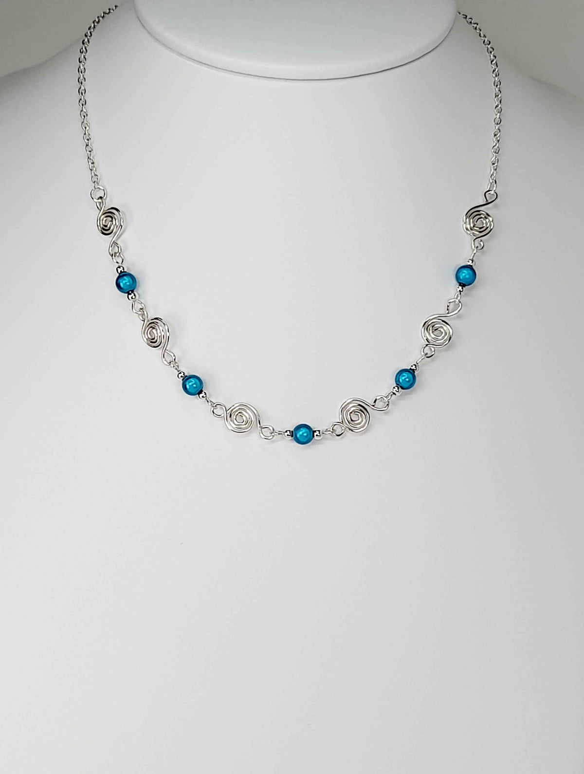 Dainty Silver Spiral Necklace with Turquoise Miracle Beads,  Handmade Lightweight Jewellery