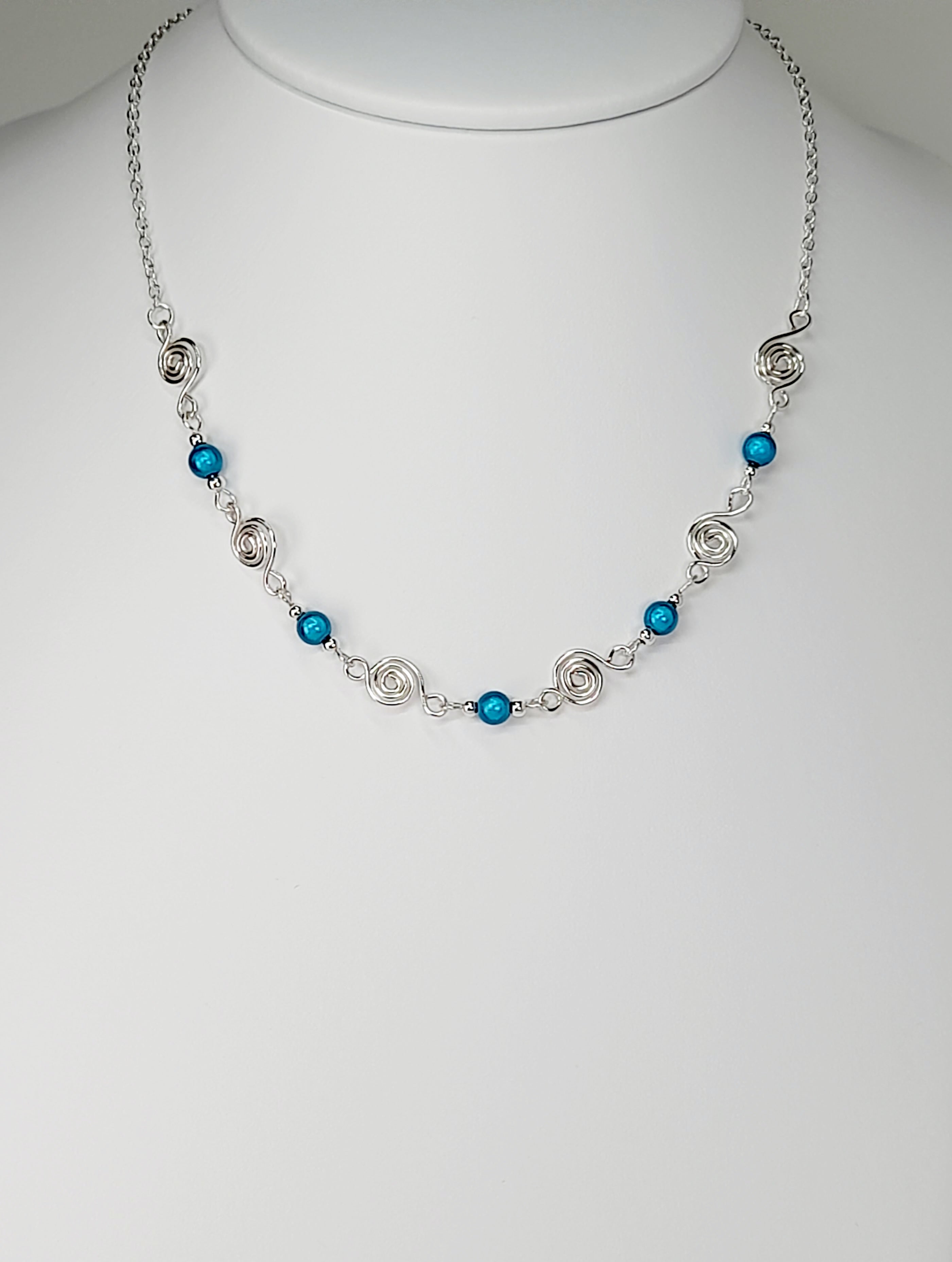 Dainty Silver Spiral Necklace with Turquoise Miracle Beads,  Handmade Lightweight Jewellery