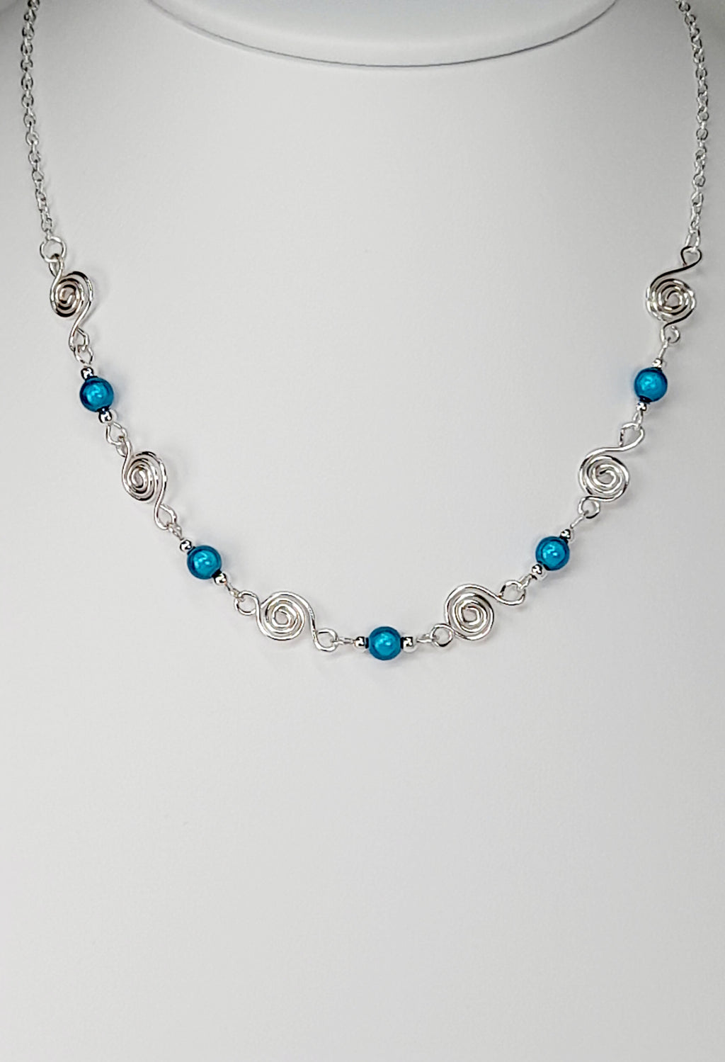 Dainty Silver Spiral Necklace with Turquoise Miracle Beads,  Handmade Lightweight Jewellery