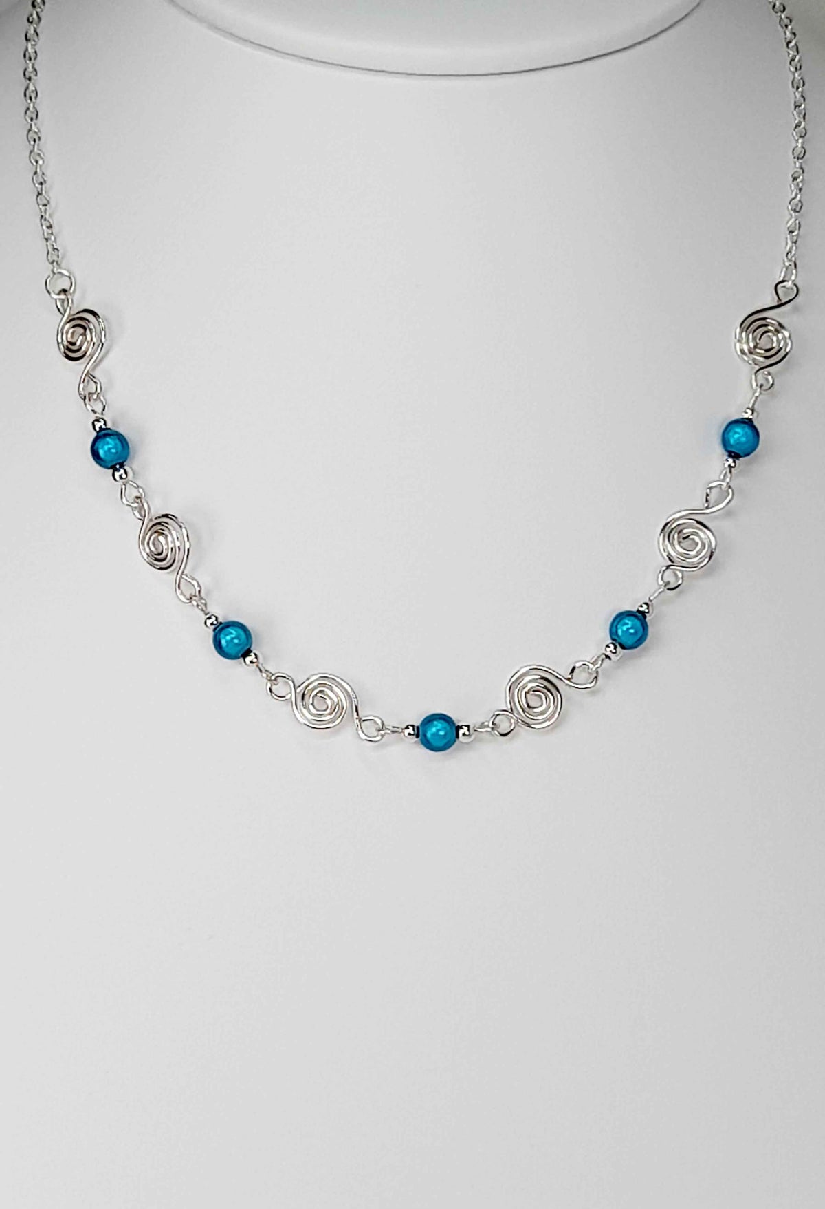 Dainty Silver Spiral Necklace with Turquoise Miracle Beads,  Handmade Lightweight Jewellery