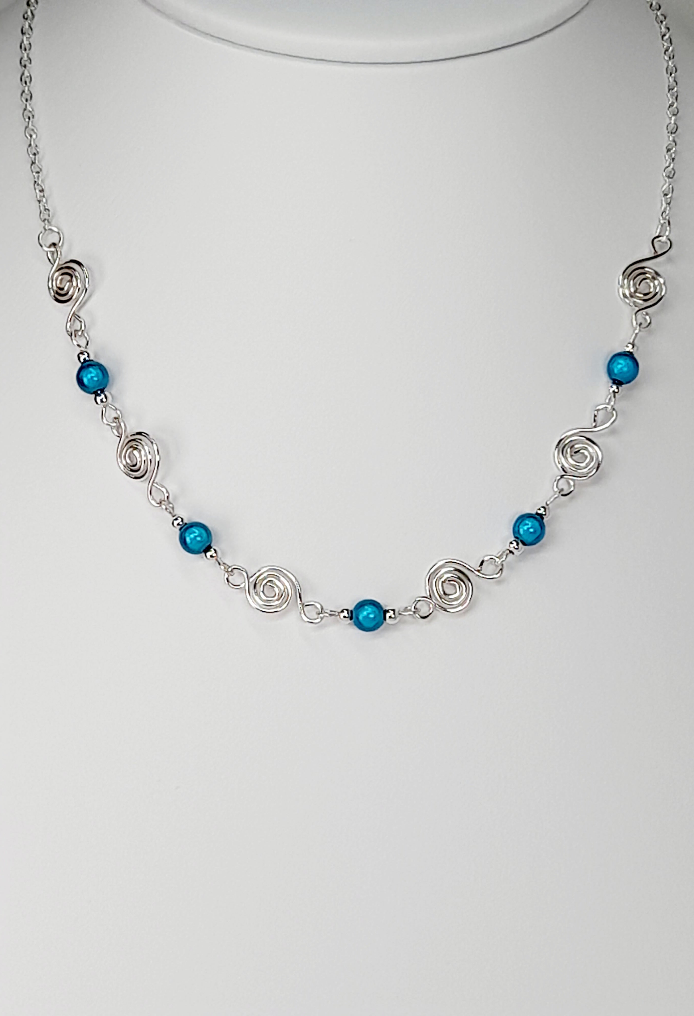 Dainty Silver Spiral Necklace with Turquoise Miracle Beads,  Handmade Lightweight Jewellery