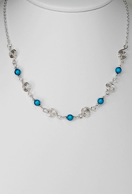 Dainty Silver Spiral Necklace with Turquoise Miracle Beads,  Handmade Lightweight Jewellery