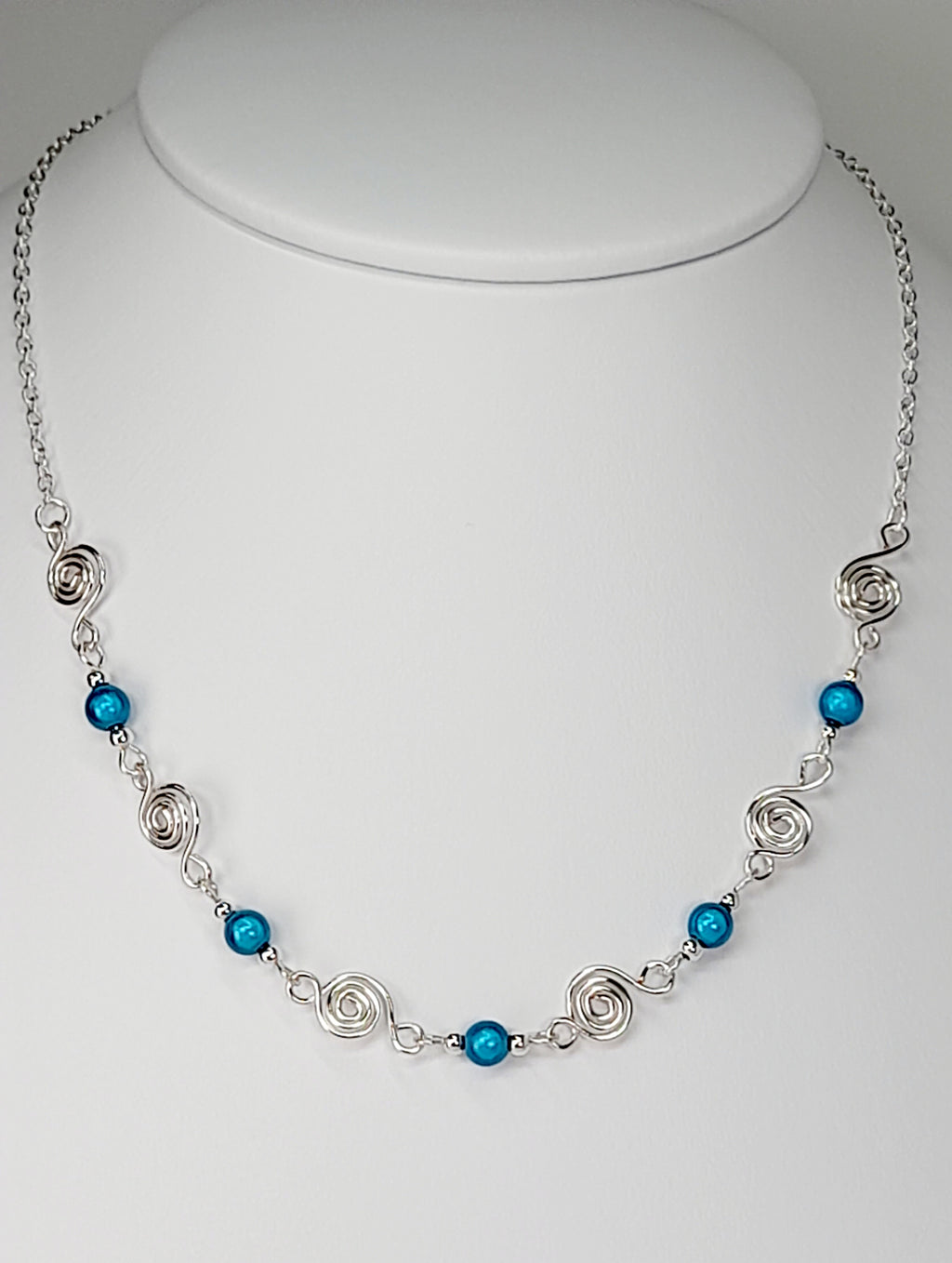 Dainty Silver Spiral Necklace with Turquoise Miracle Beads,  Handmade Lightweight Jewellery