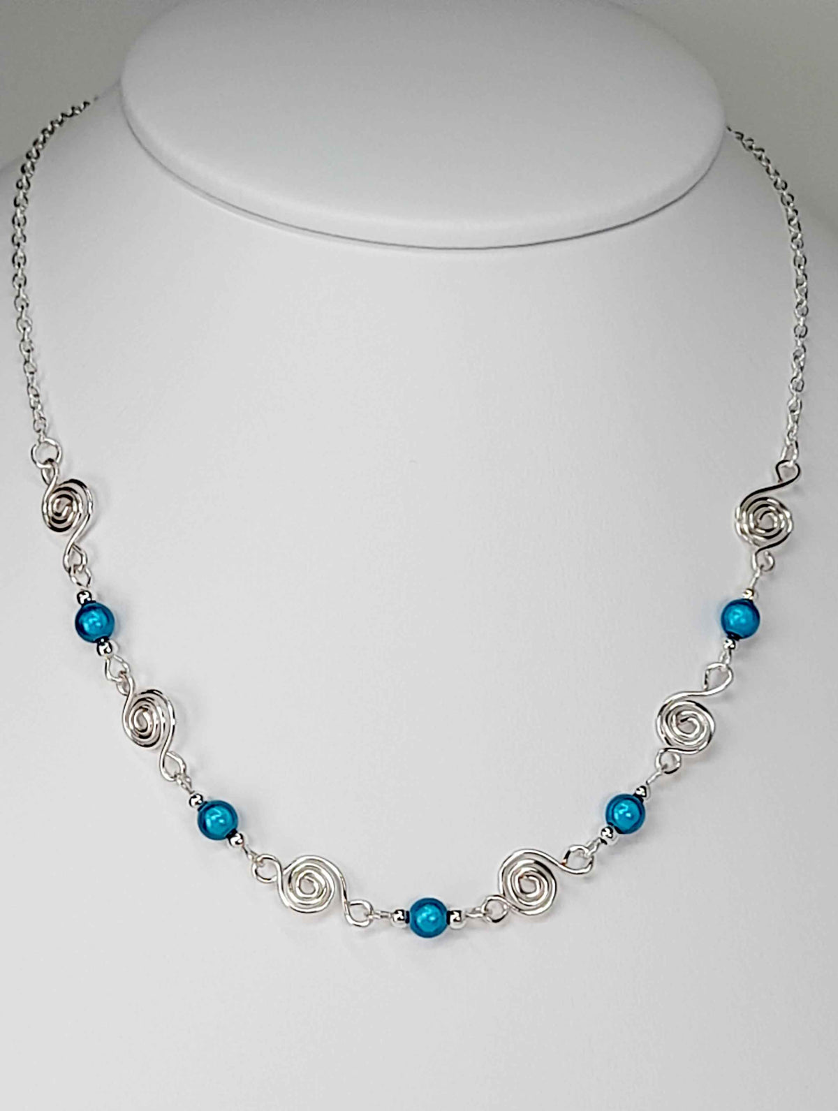 Dainty Silver Spiral Necklace with Turquoise Miracle Beads,  Handmade Lightweight Jewellery