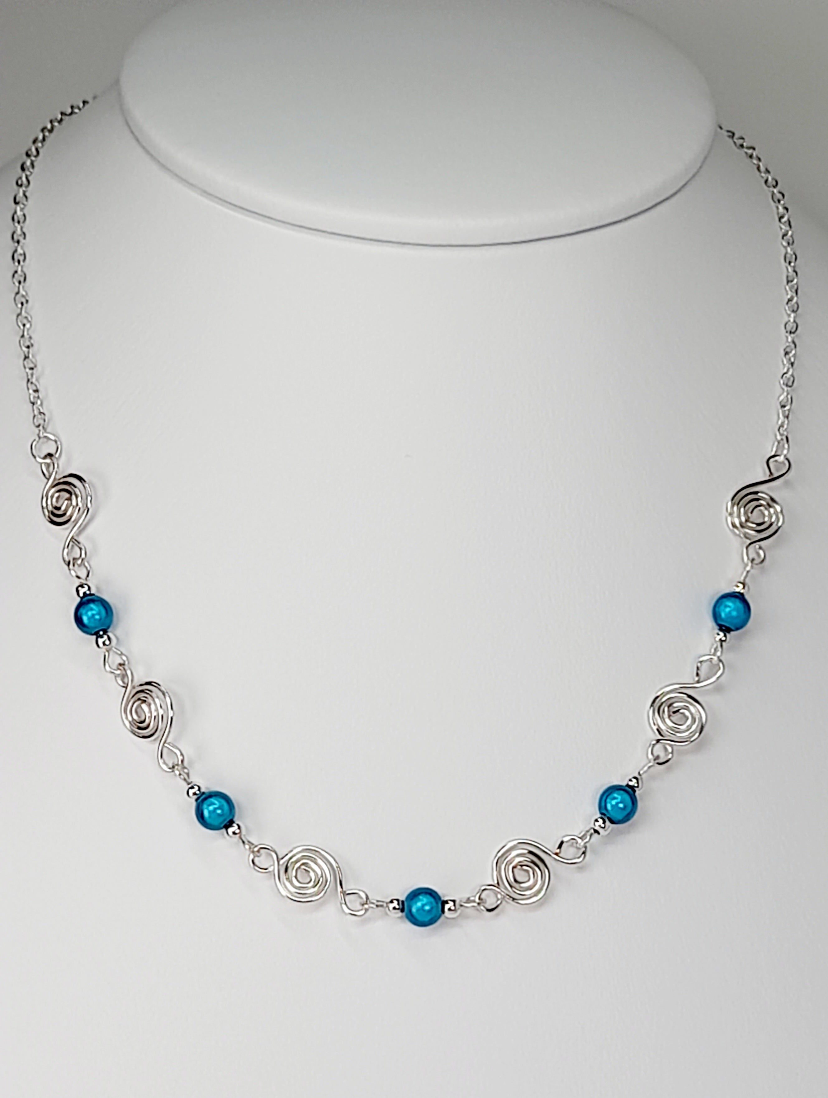 Dainty Silver Spiral Necklace with Turquoise Miracle Beads,  Handmade Lightweight Jewellery