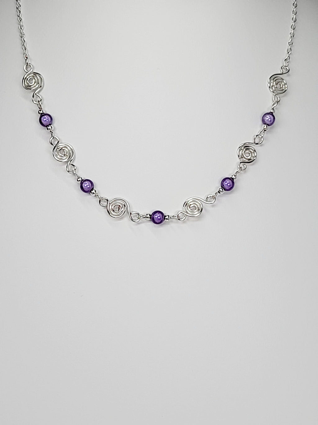 Dainty Silver Spiral Necklace with Lilac Miracle Beads,  Handmade Lightweight Jewellery
