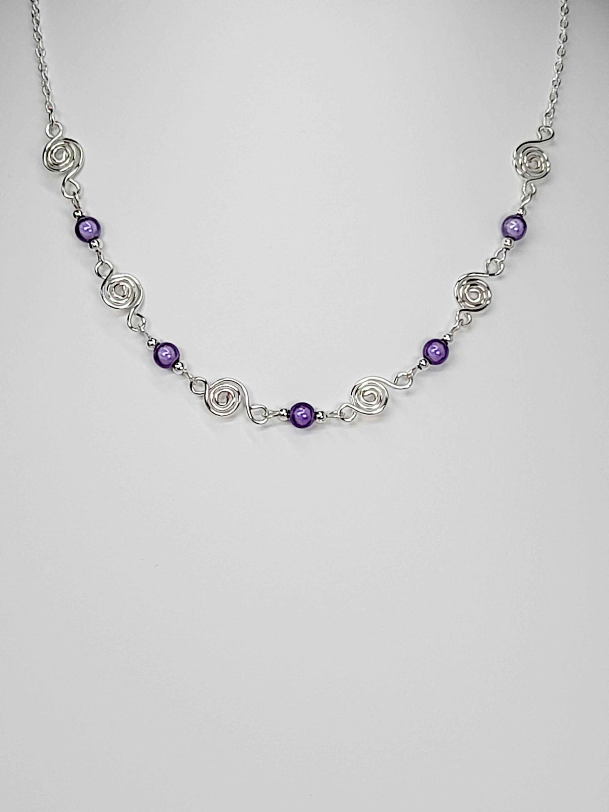 Dainty Silver Spiral Necklace with Lilac Miracle Beads,  Handmade Lightweight Jewellery