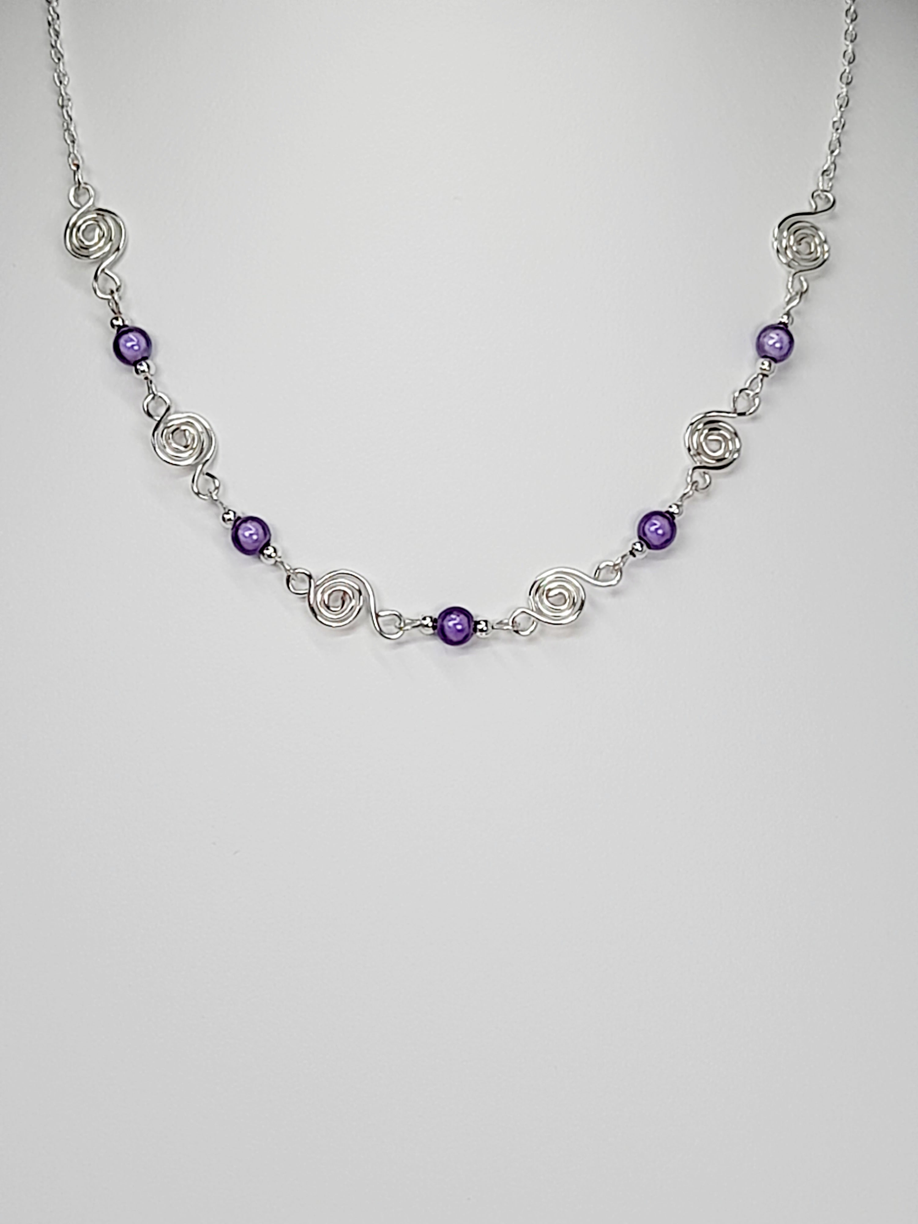 Dainty Silver Spiral Necklace with Lilac Miracle Beads,  Handmade Lightweight Jewellery