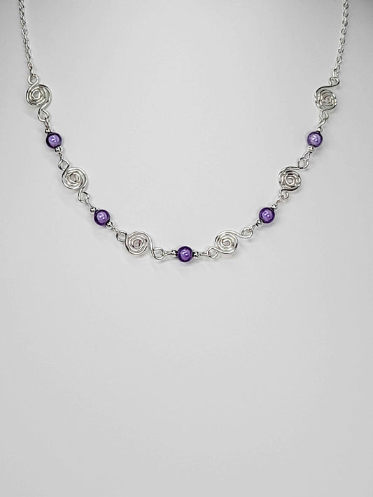 Dainty Silver Spiral Necklace with Lilac Miracle Beads,  Handmade Lightweight Jewellery