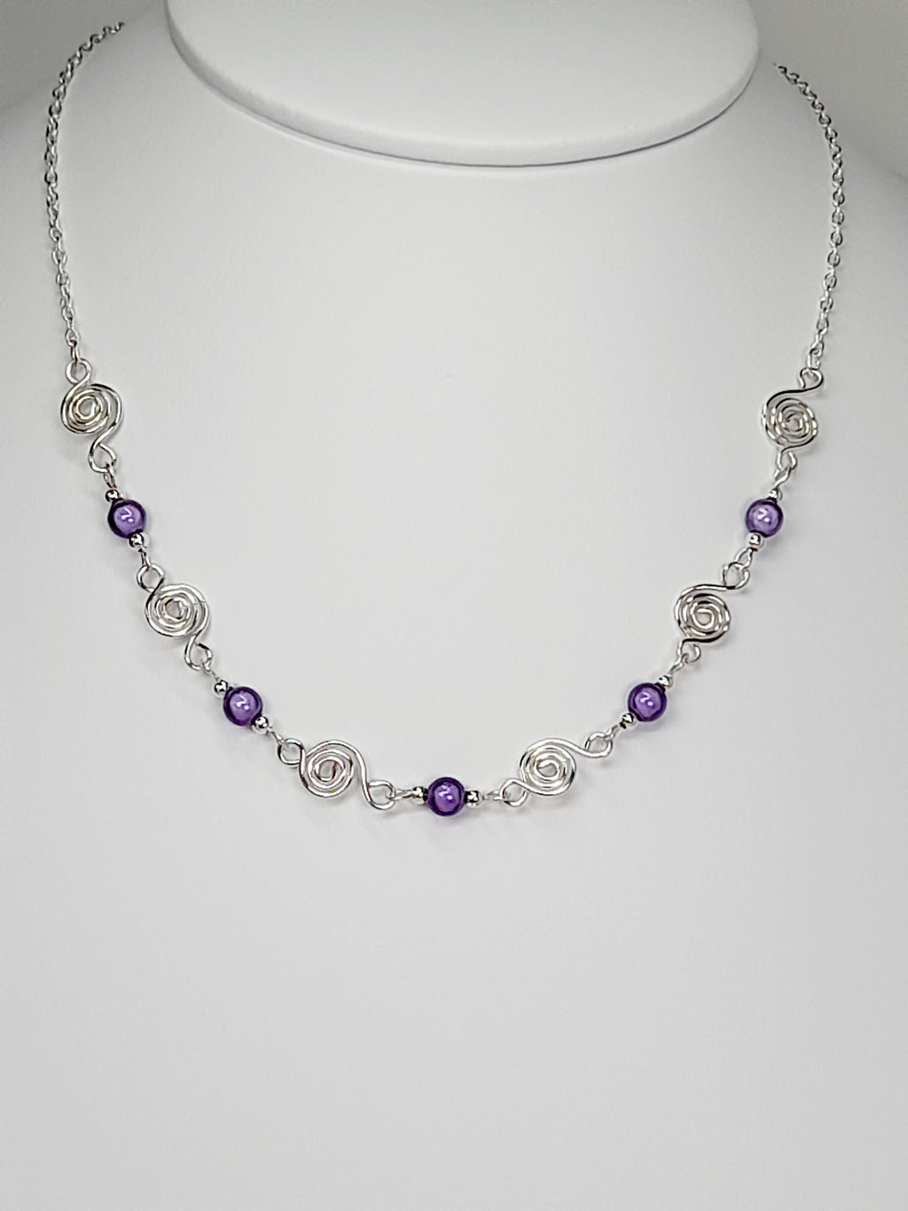 Dainty Silver Spiral Necklace with Lilac Miracle Beads,  Handmade Lightweight Jewellery