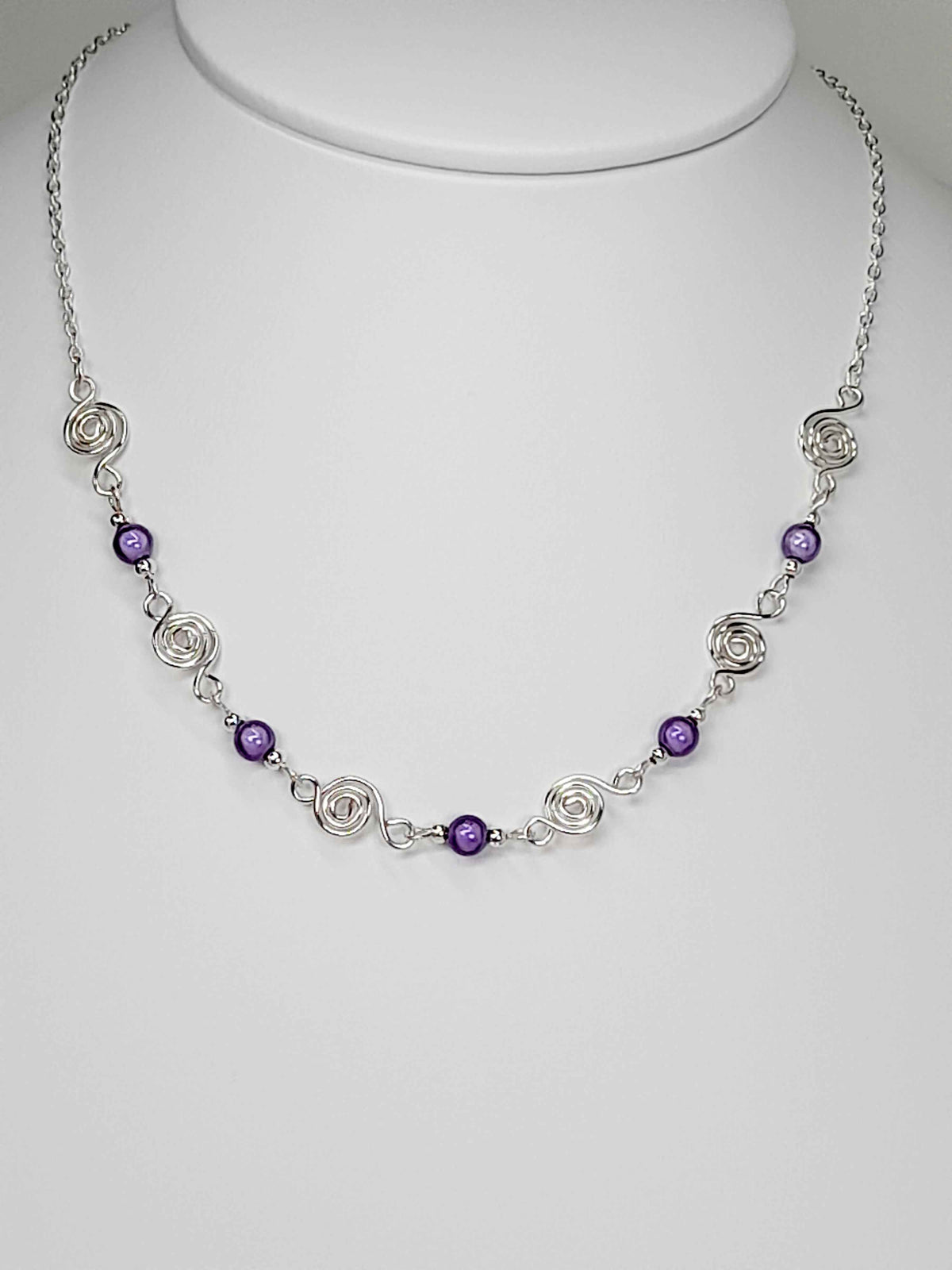 Dainty Silver Spiral Necklace with Lilac Miracle Beads,  Handmade Lightweight Jewellery