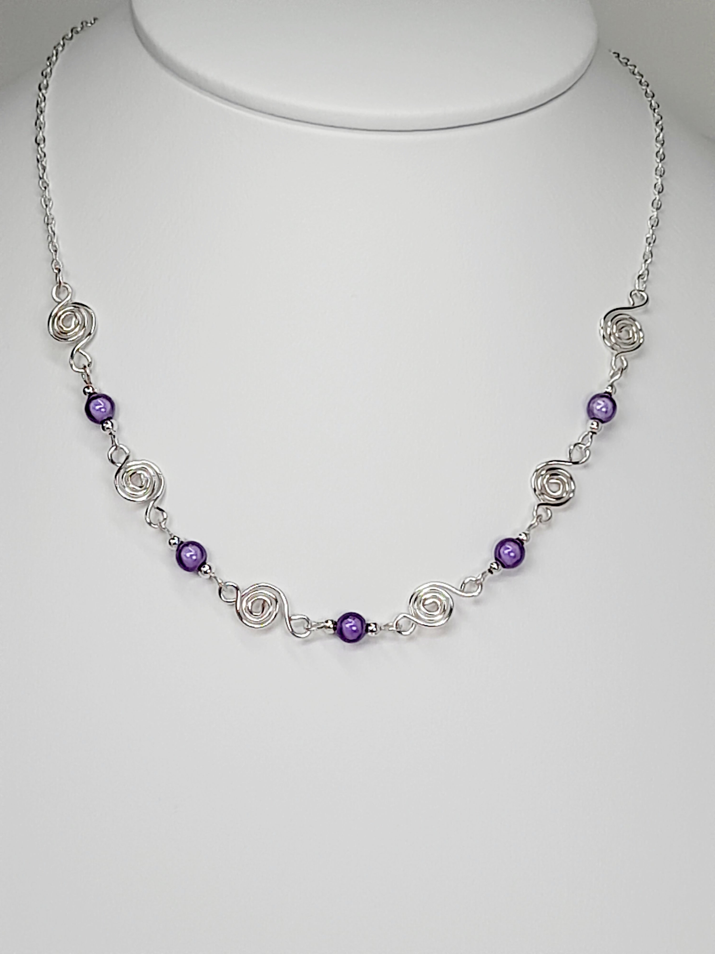 Dainty Silver Spiral Necklace with Lilac Miracle Beads,  Handmade Lightweight Jewellery