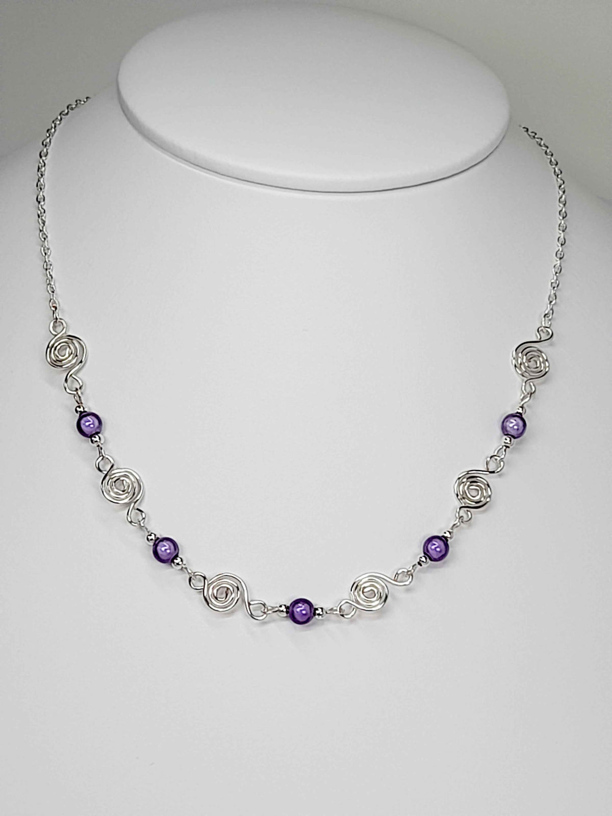 Dainty Silver Spiral Necklace with Lilac Miracle Beads,  Handmade Lightweight Jewellery