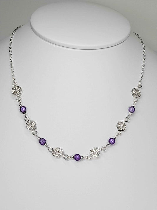 Dainty Silver Spiral Necklace with Lilac Miracle Beads,  Handmade Lightweight Jewellery