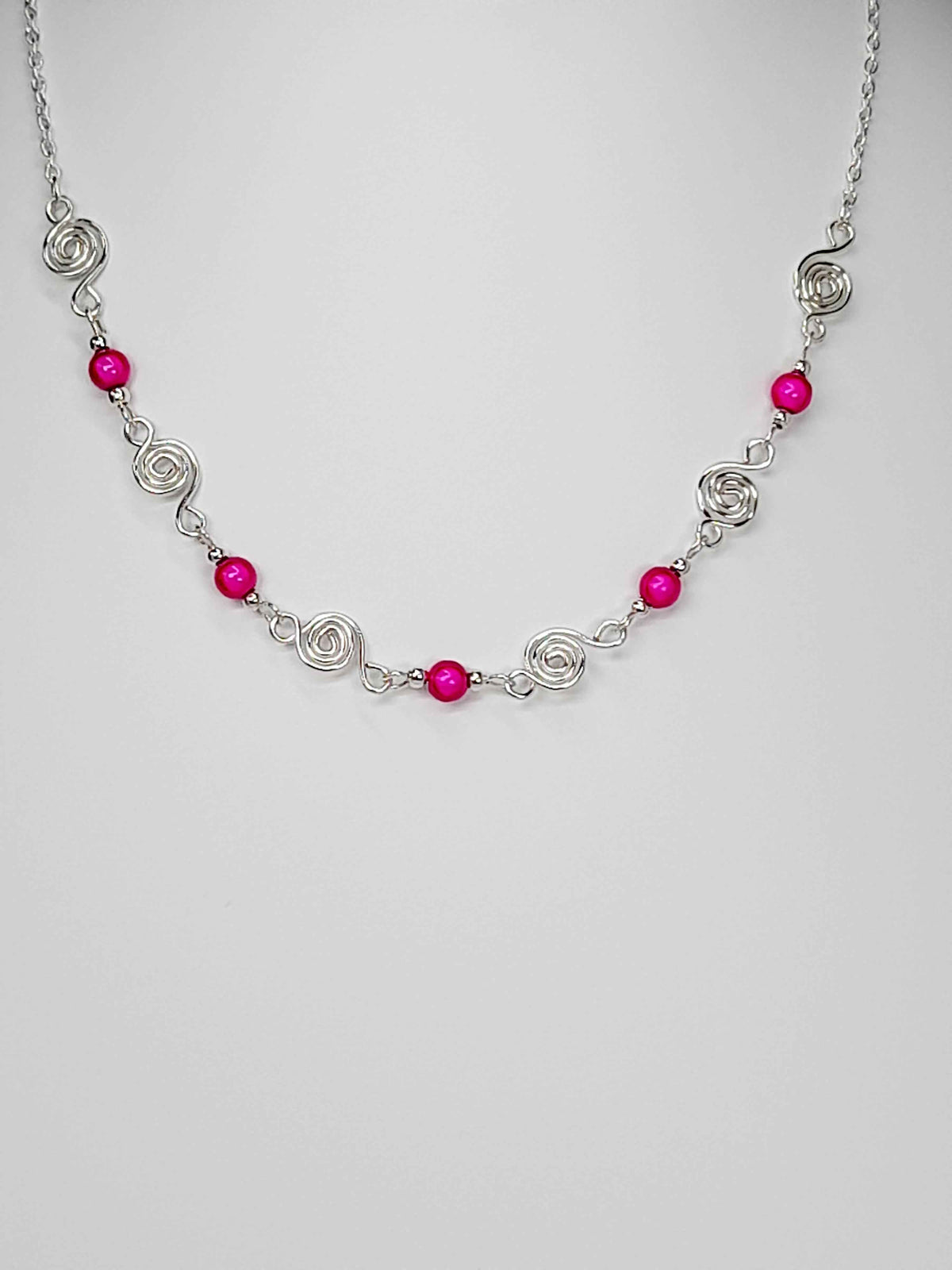 Dainty Silver Spiral Necklace with Hot Pink Miracle Beads,  Handmade Lightweight Jewellery