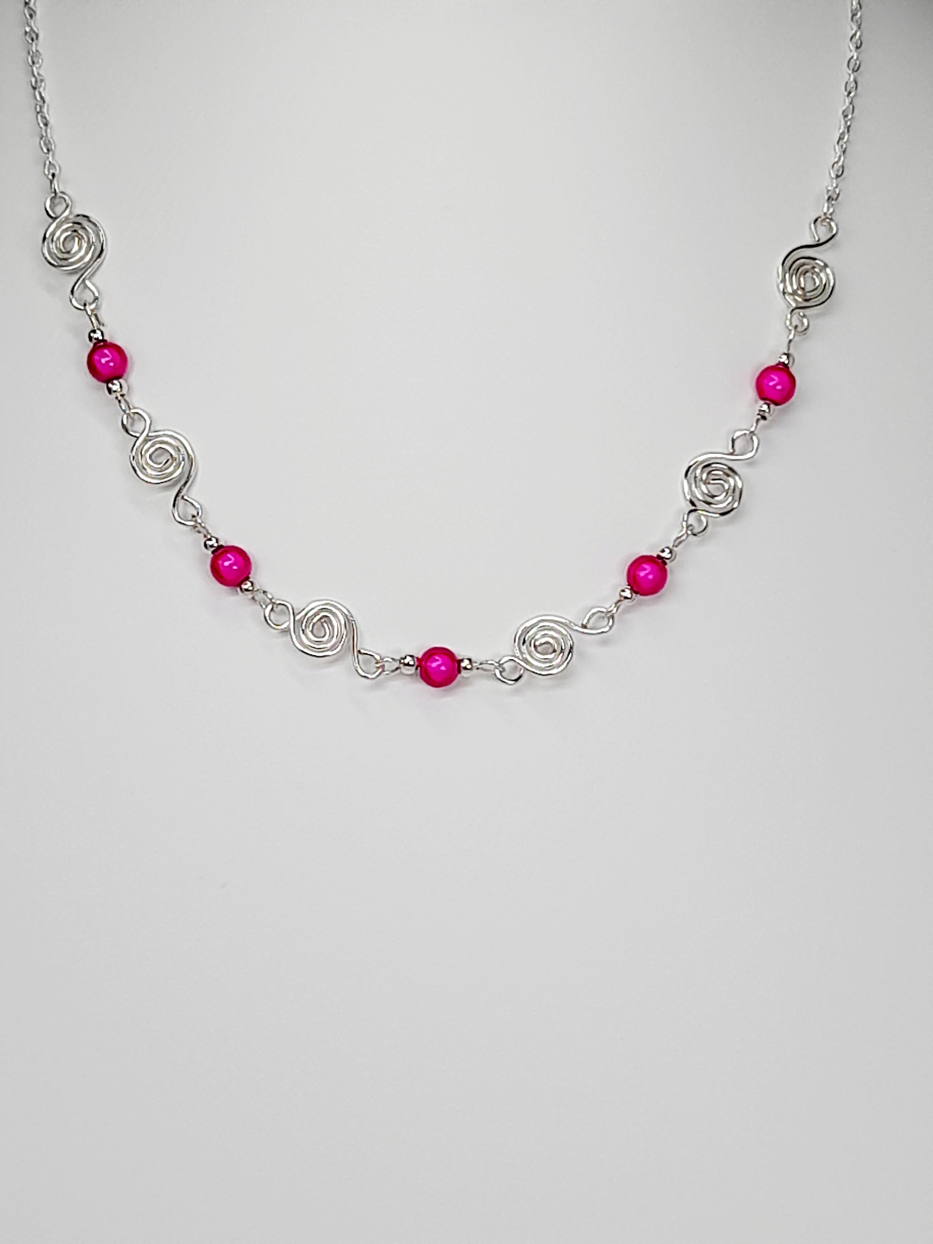 Dainty Silver Spiral Necklace with Hot Pink Miracle Beads,  Handmade Lightweight Jewellery